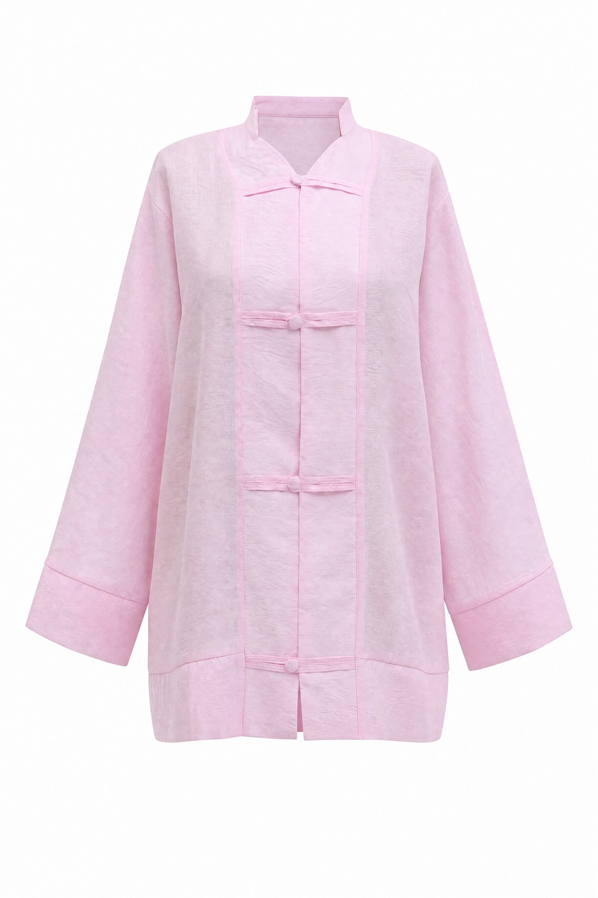 V-Neck Organza Voile Oversize Kimono with Piping Buttons -Pink