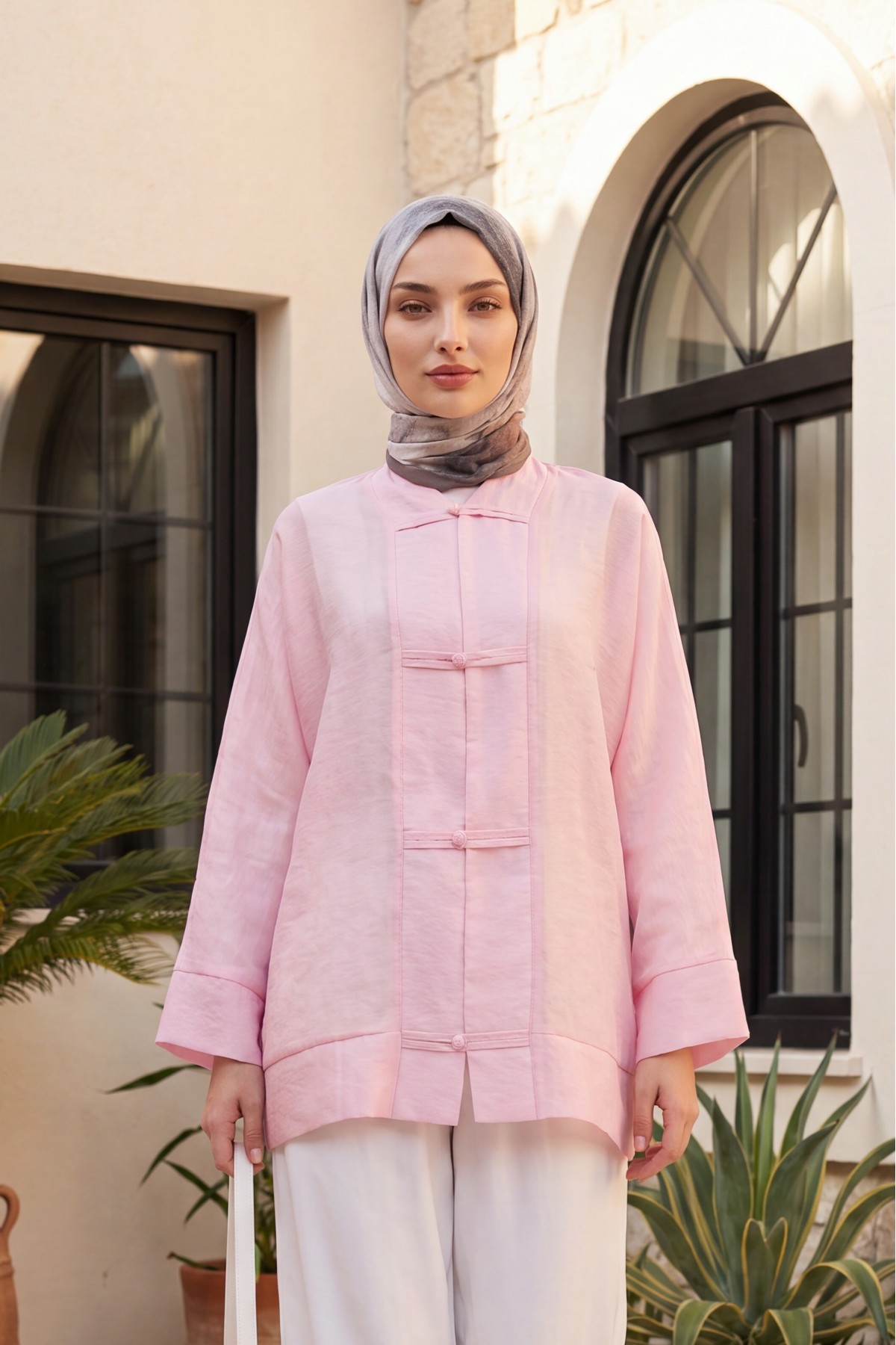 V-Neck Organza Voile Oversize Kimono with Piping Buttons -Pink