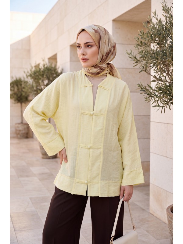 Biye Düğmeli V Yaka Organze Vual Oversize Kimono -Sarı