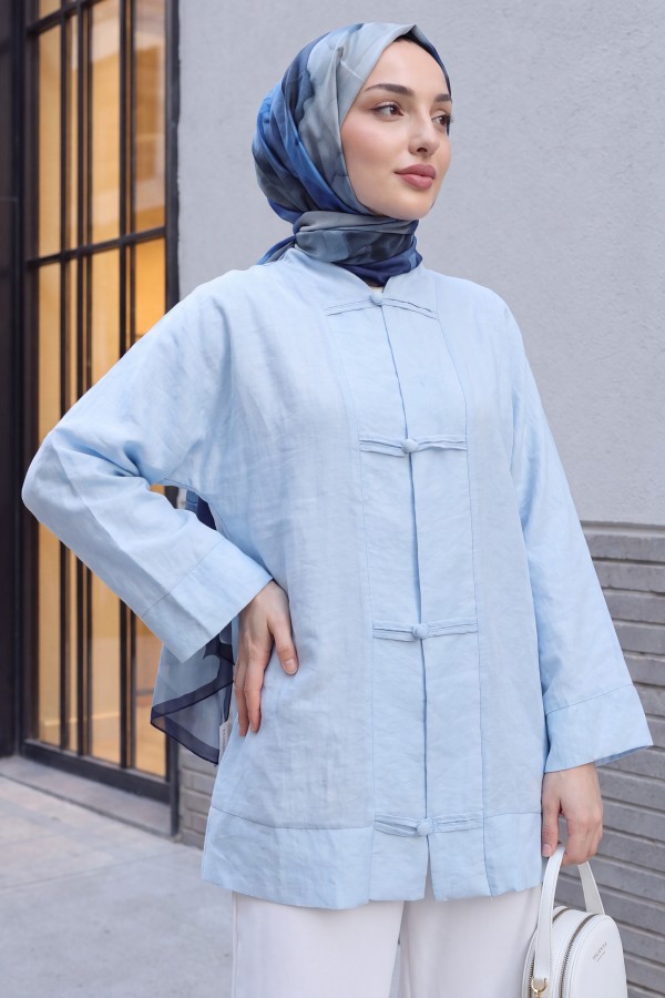 V-Neck Organza Voile Oversize Kimono with Piping Buttons -Baby Blue
