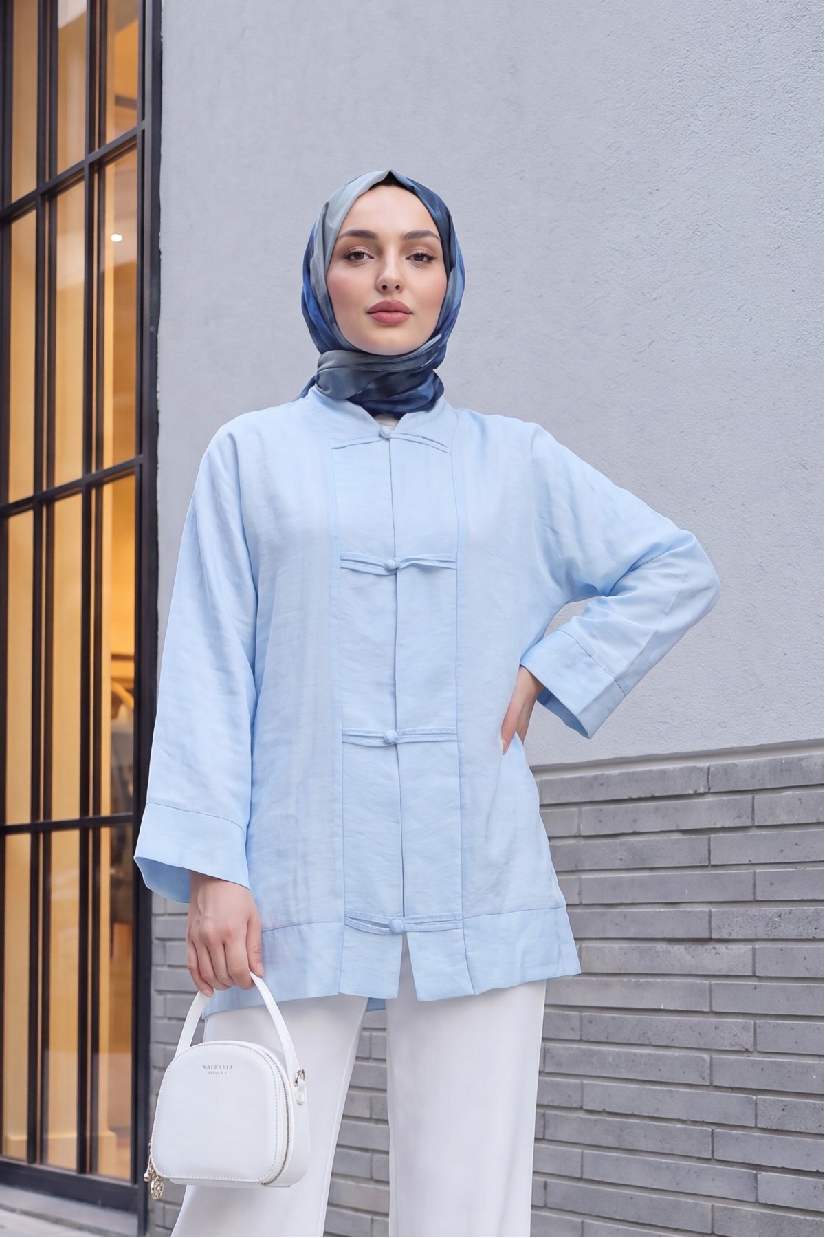 V-Neck Organza Voile Oversize Kimono with Piping Buttons -Baby Blue