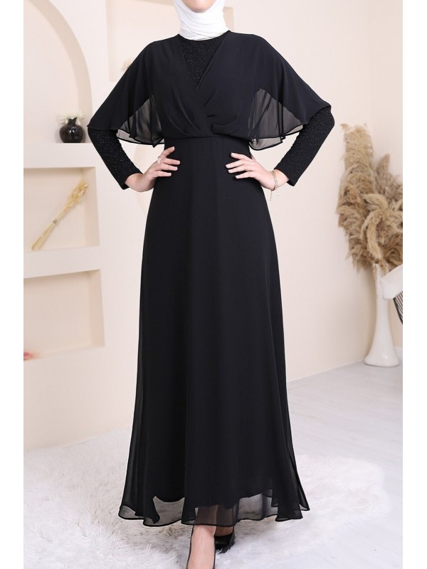 Simli Şifon Uzun Abiye -Siyah