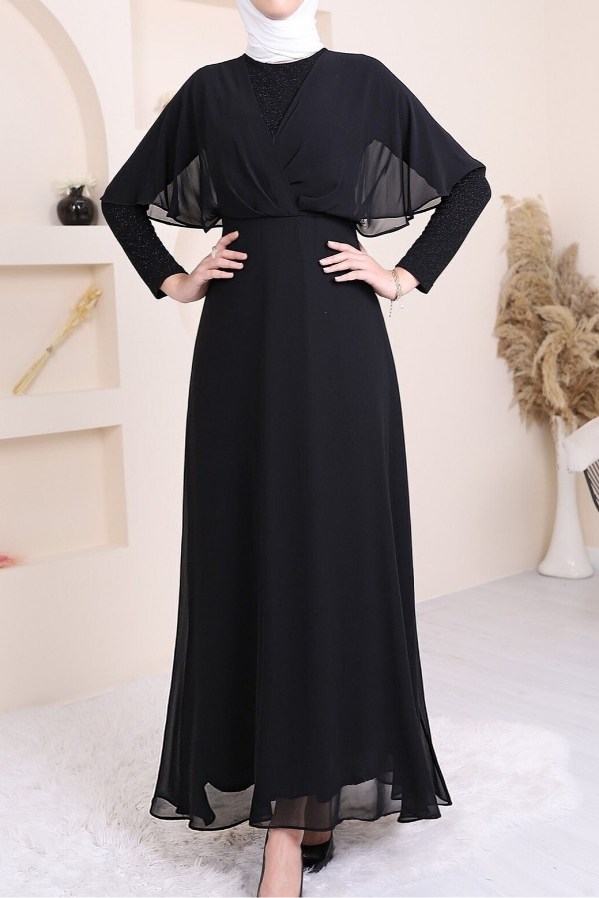 Simli Şifon Uzun Abiye -Siyah