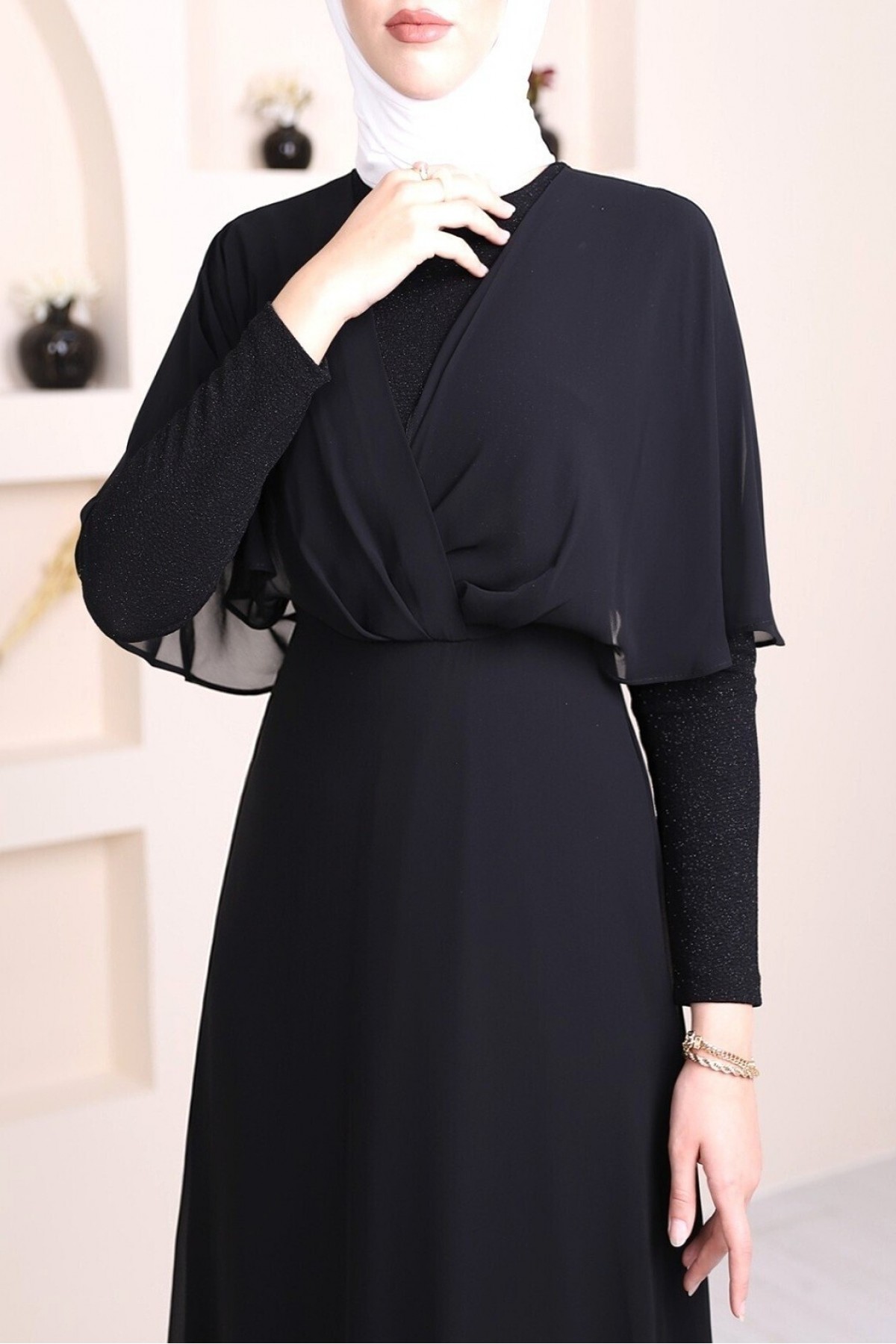 Simli Şifon Uzun Abiye -Siyah