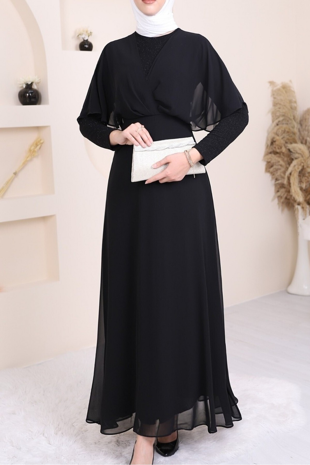 Simli Şifon Uzun Abiye -Siyah