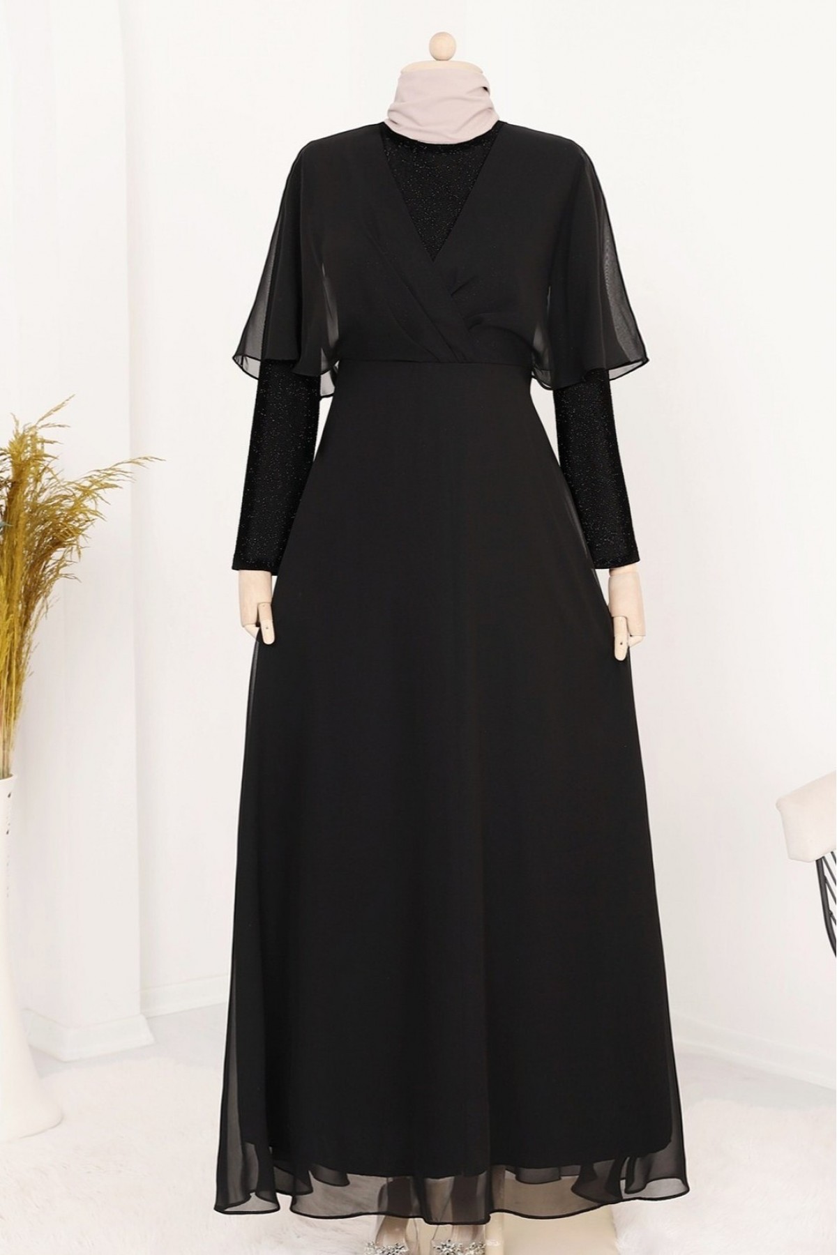 Simli Şifon Uzun Abiye -Siyah