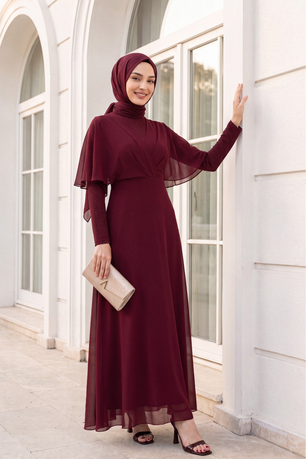 Silvery Chiffon Long Evening Dress  -Maroon