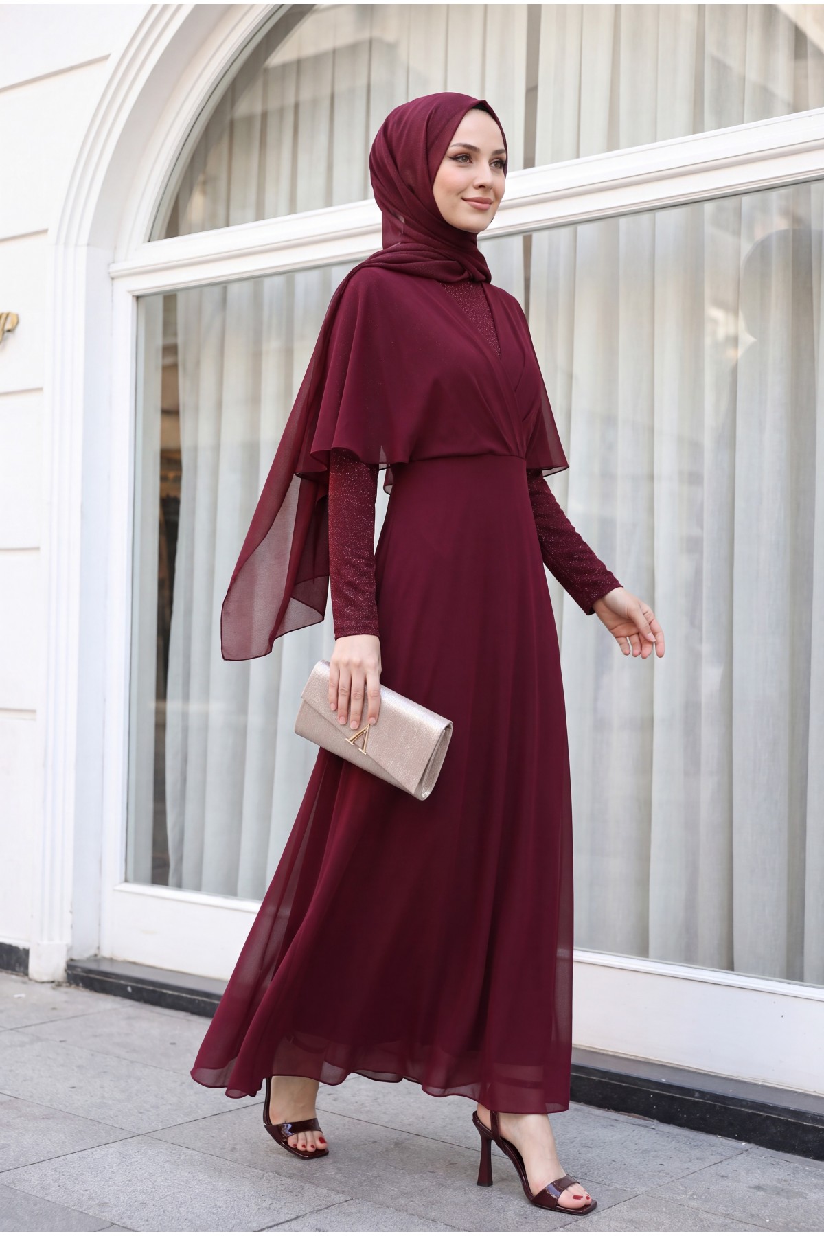 Silvery Chiffon Long Evening Dress  -Maroon