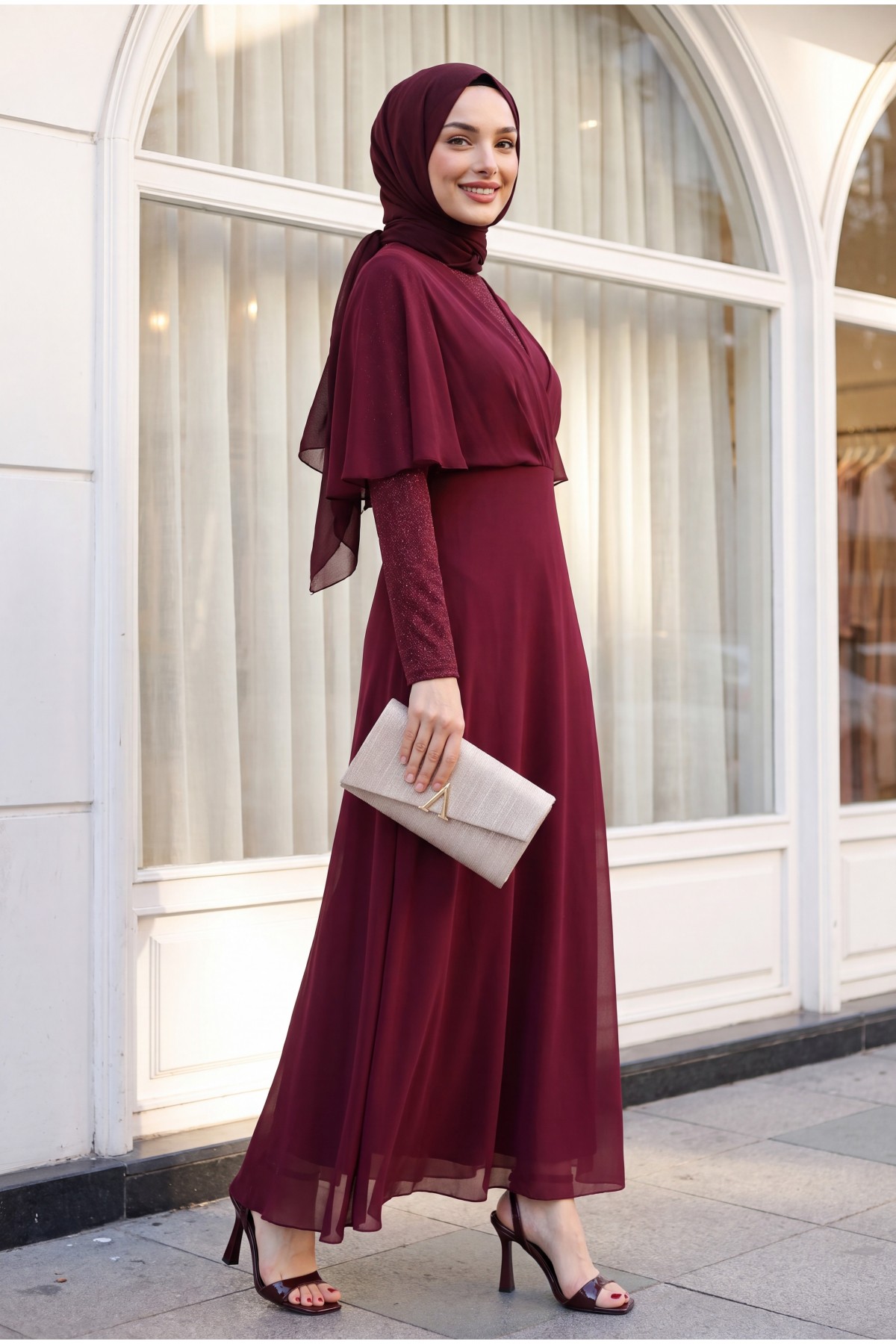 Silvery Chiffon Long Evening Dress  -Maroon