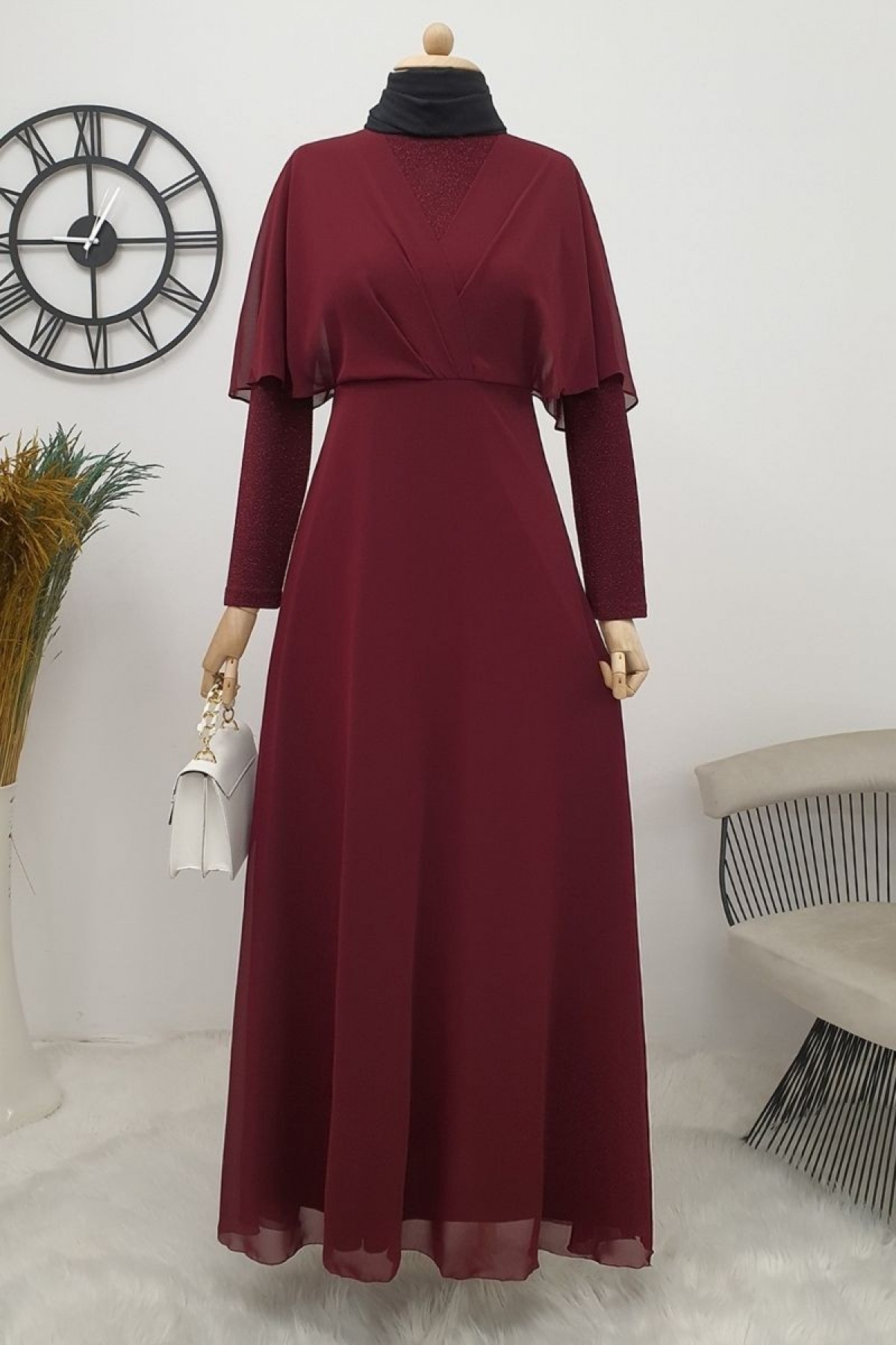 Silvery Chiffon Long Evening Dress  -Maroon