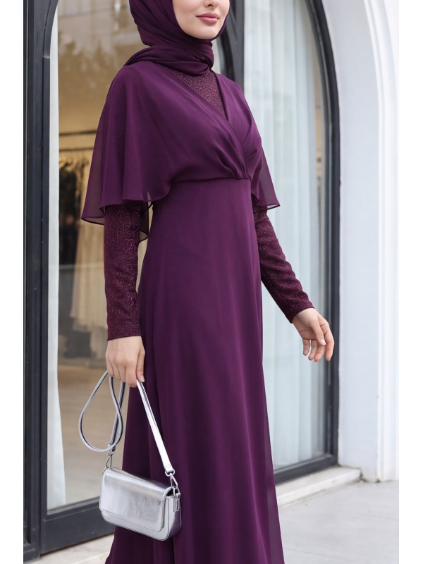 Silvery Chiffon Long Evening Dress    -Damson