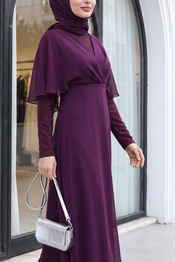 Silvery Chiffon Long Evening Dress    -Damson