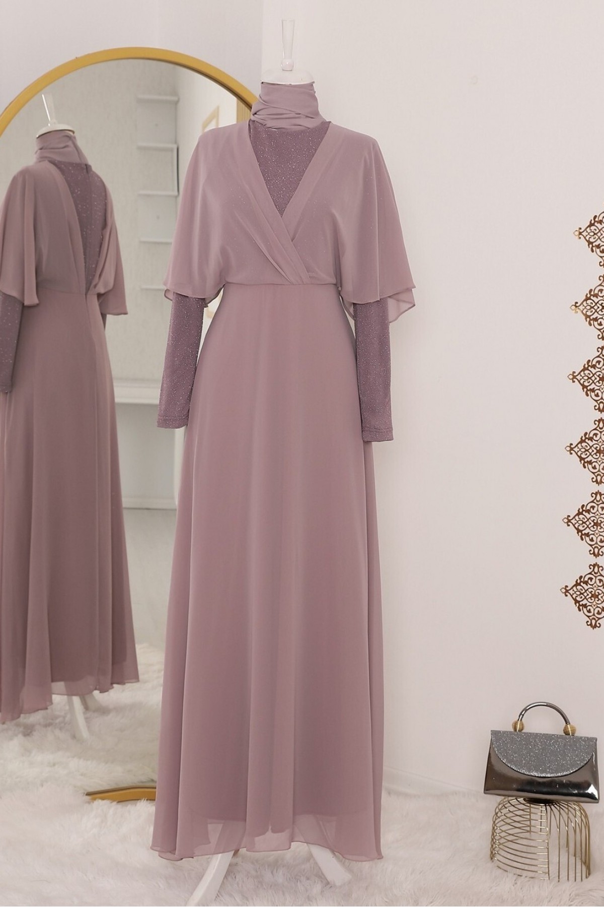 Simli Şifon Uzun Abiye   -Lila