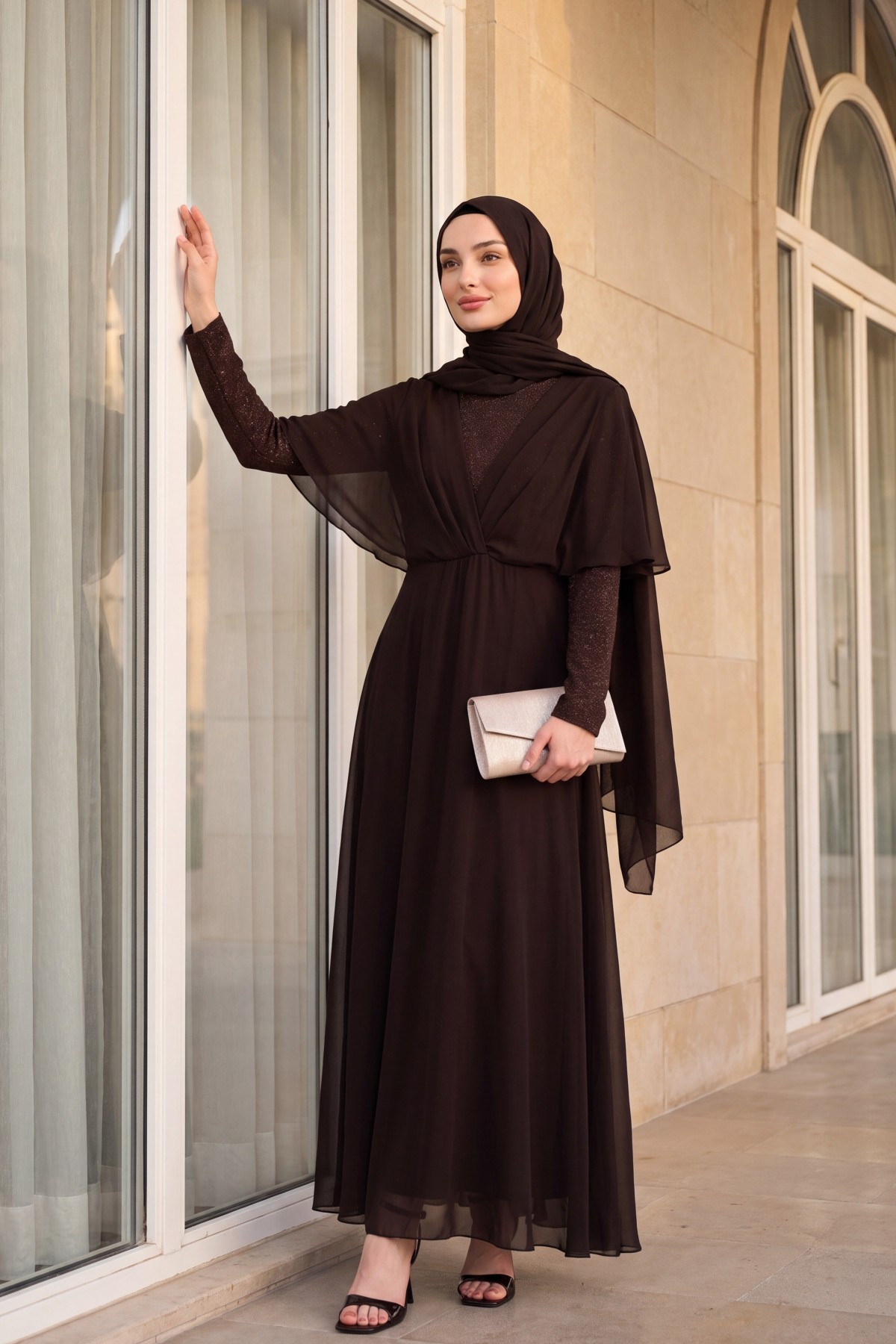 Silvery Chiffon Long Evening Dress   -Dark Coffee