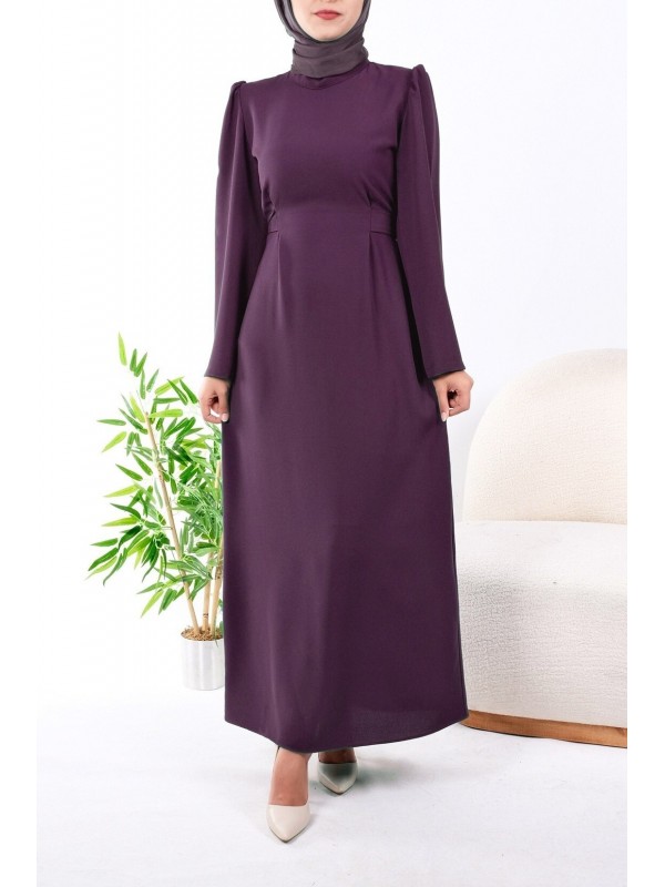 Hakim Yaka Belden Bağlamalı Elbise  -Mürdüm