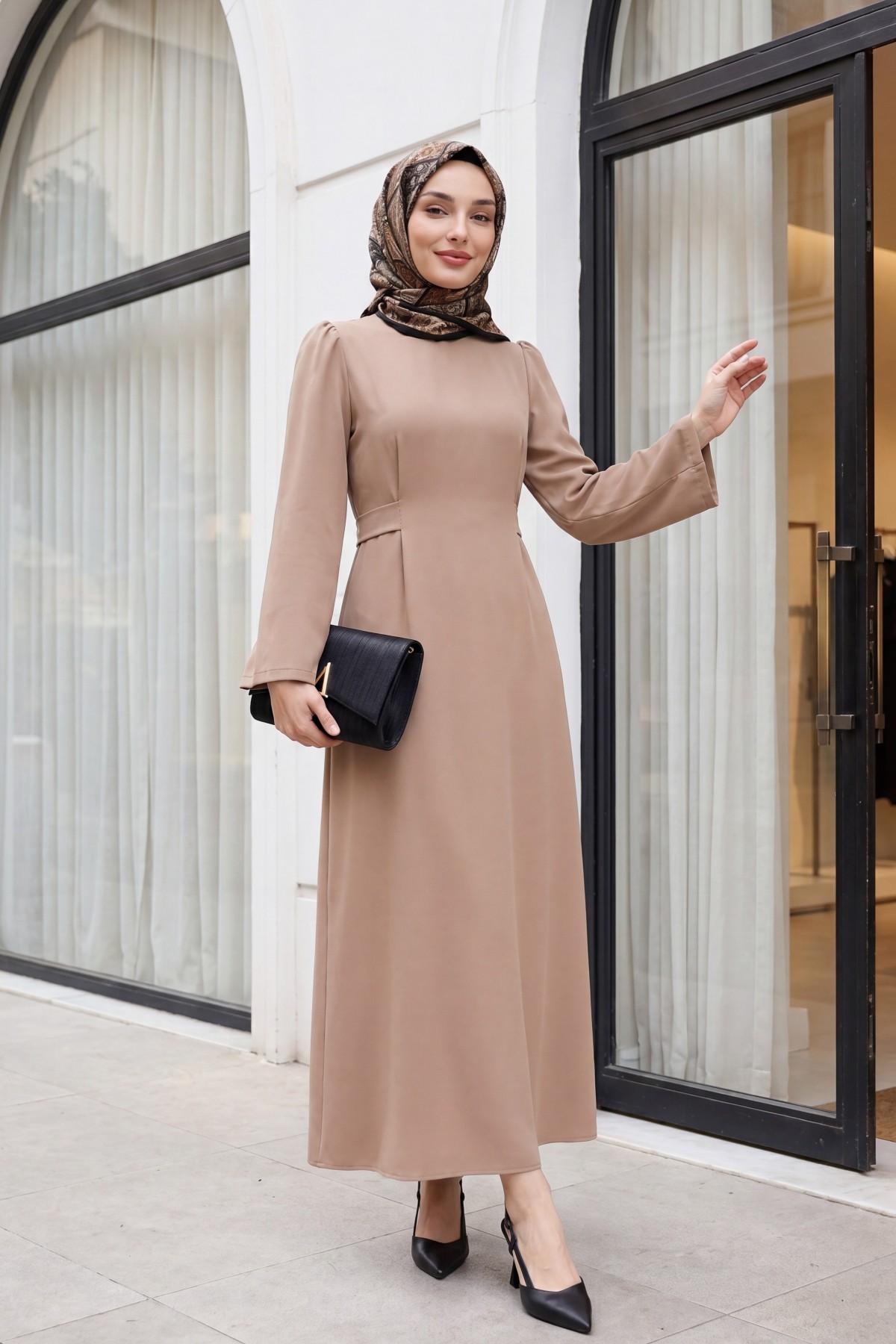 Judge Collar Lace Detailed Dress  -Mink color