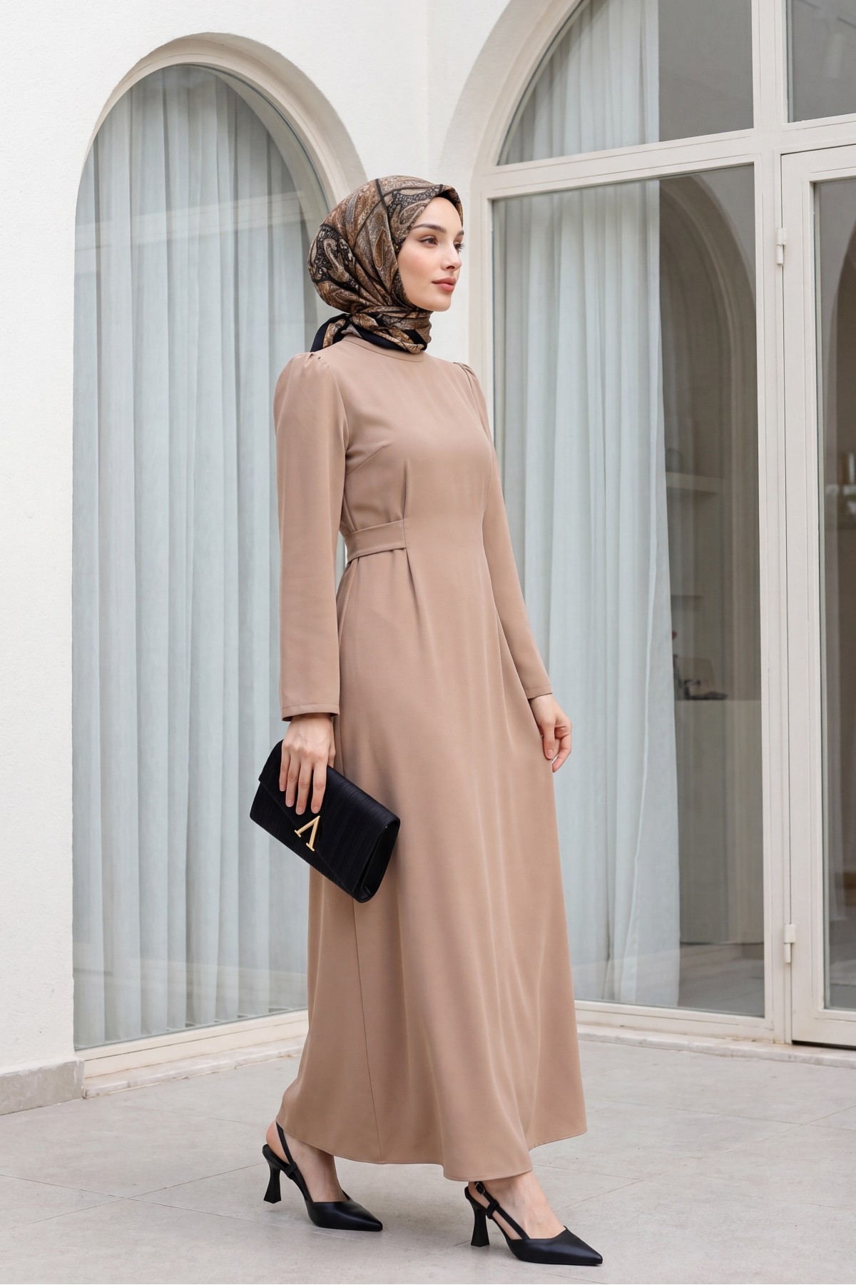 Judge Collar Lace Detailed Dress  -Mink color