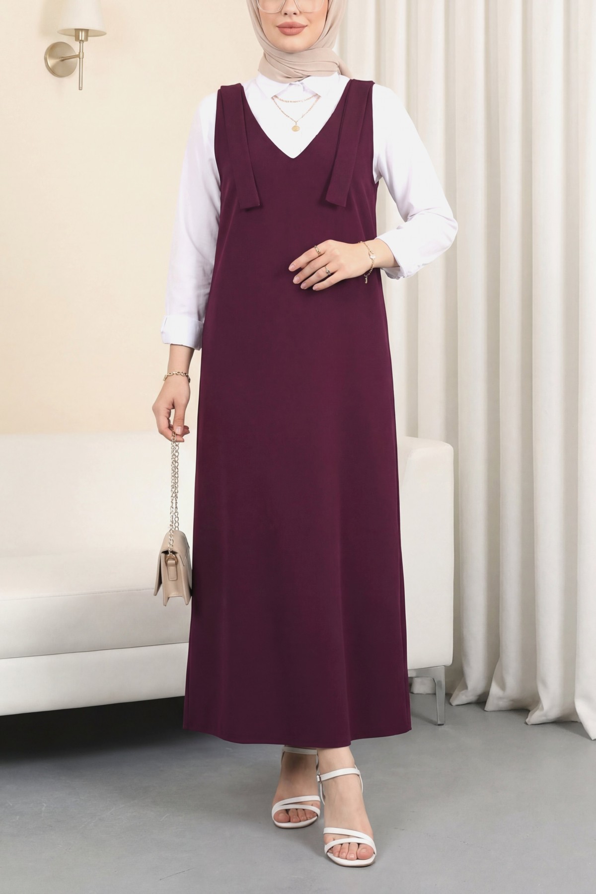 Long Gilet With Tied Shoulders       -Maroon