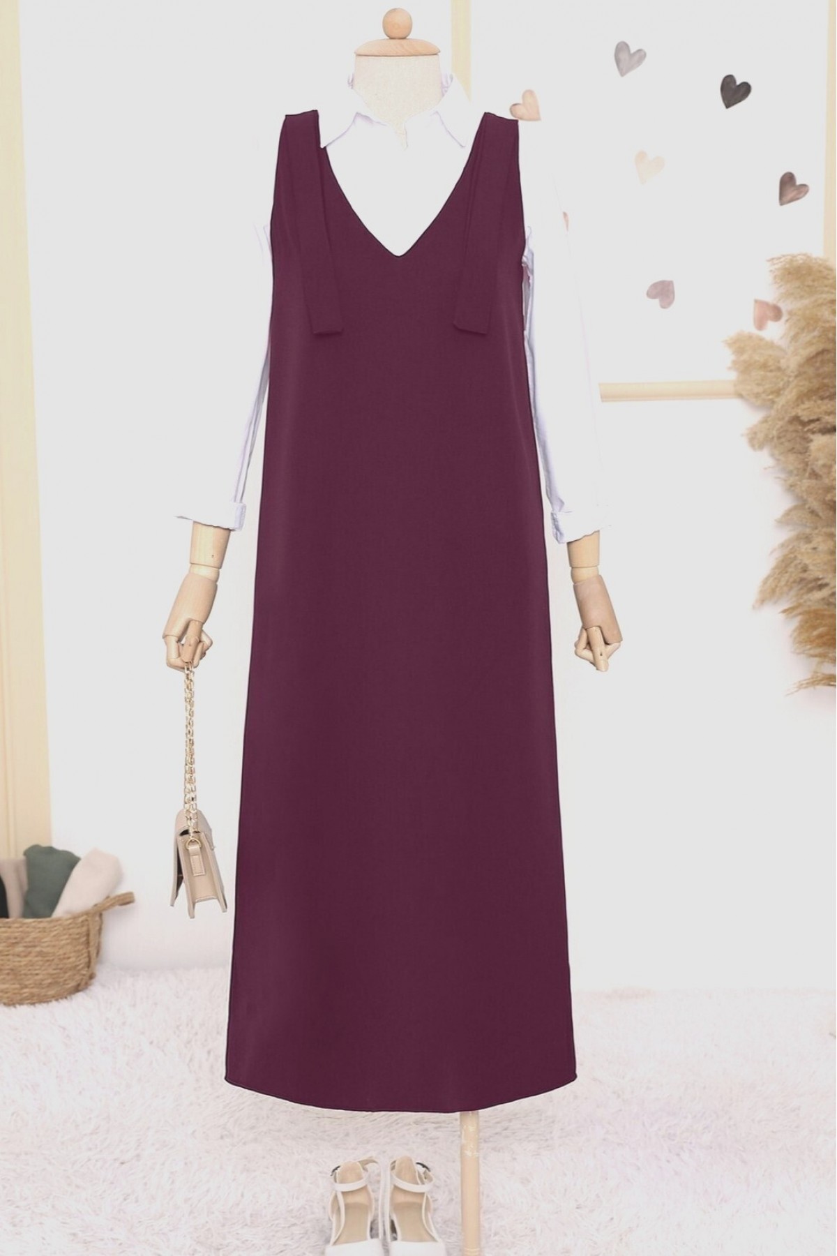 Long Gilet With Tied Shoulders       -Maroon