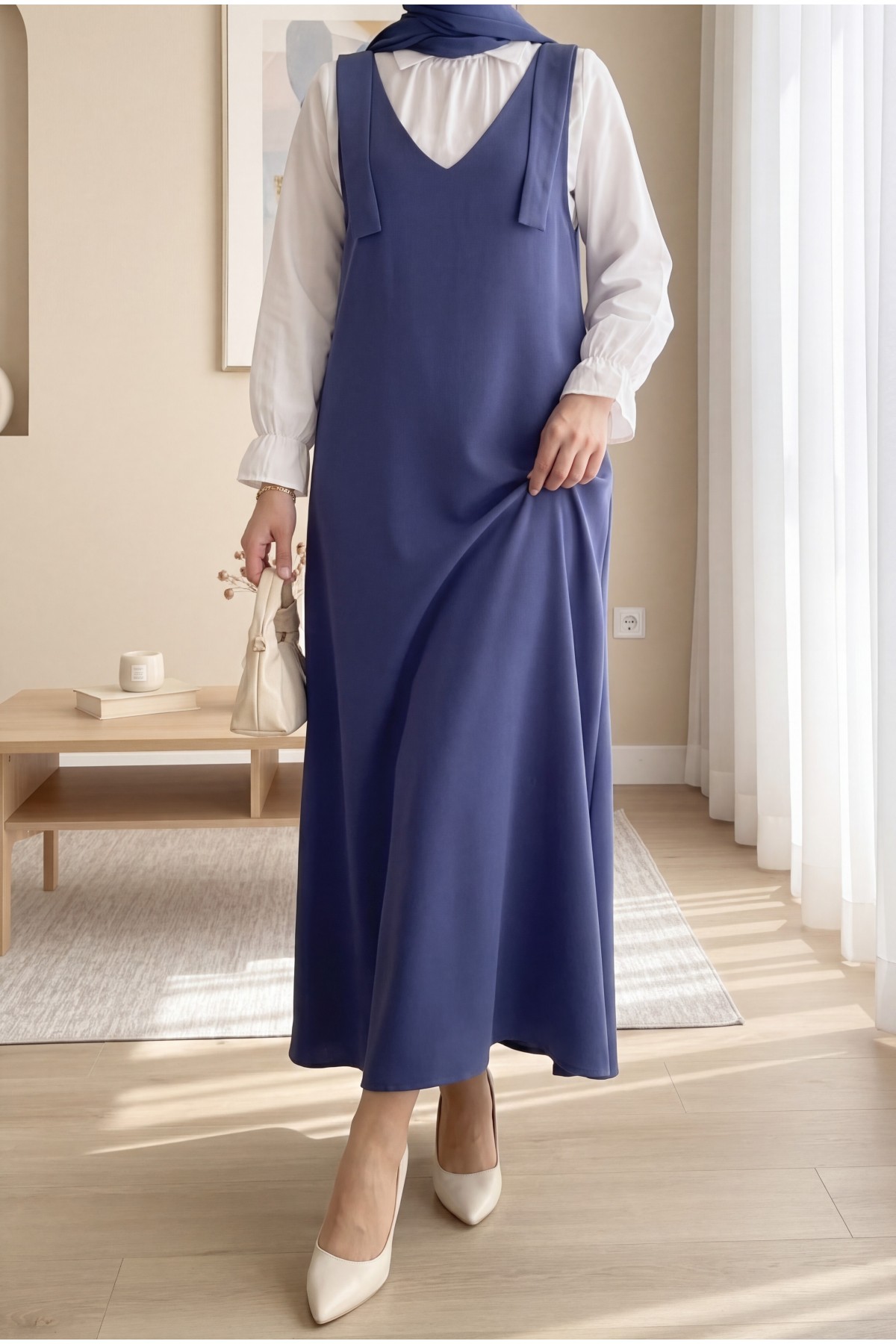Long Gilet With Tied Shoulders   -İndigo