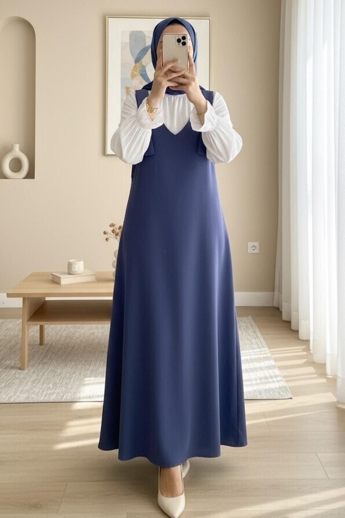 Long Gilet With Tied Shoulders   -İndigo
