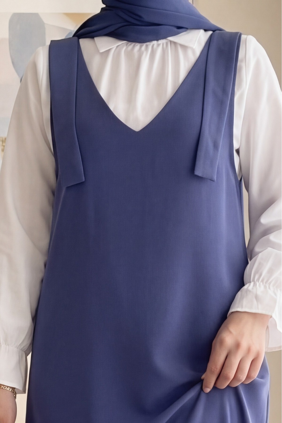 Long Gilet With Tied Shoulders   -İndigo