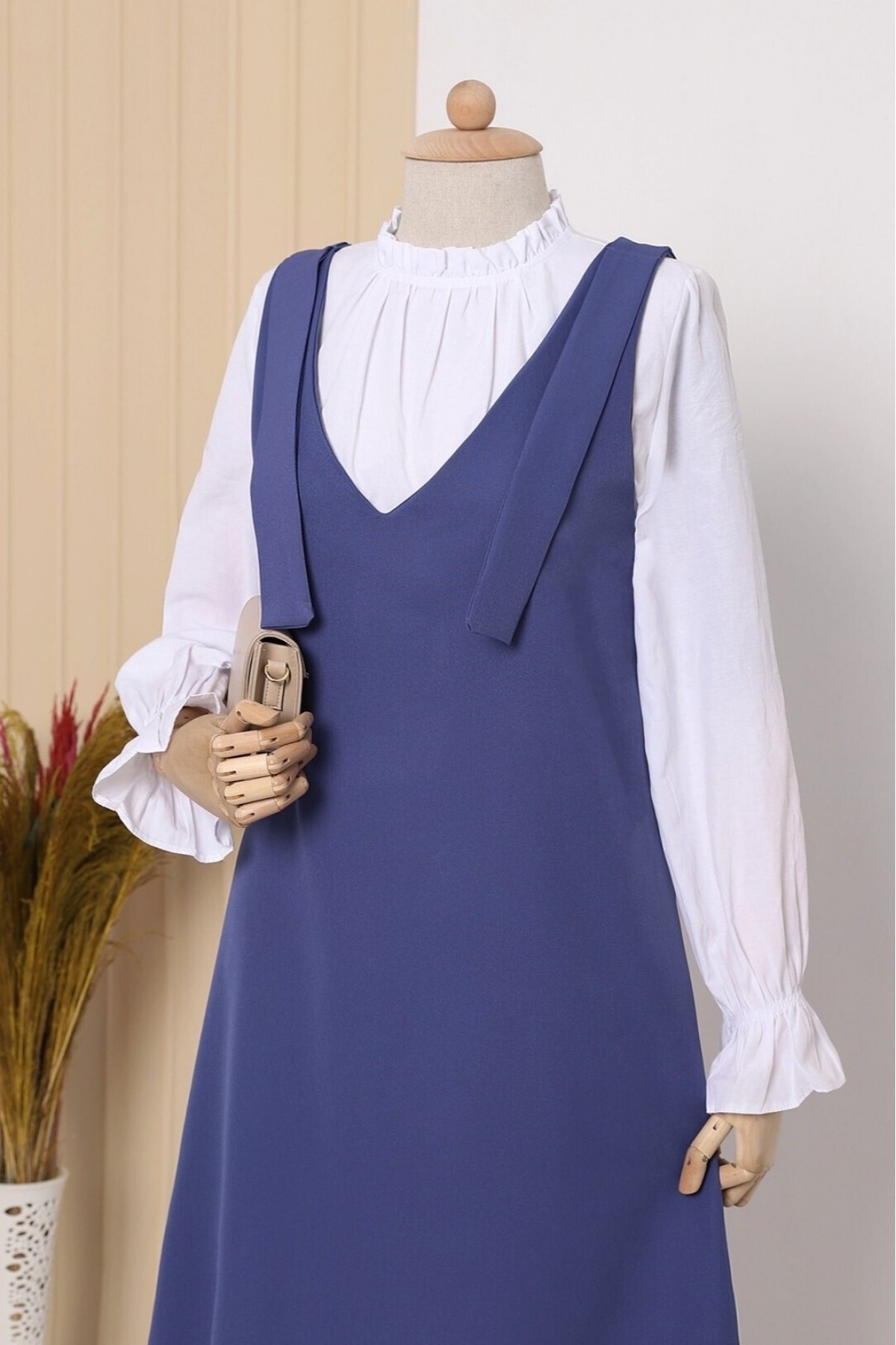 Long Gilet With Tied Shoulders   -İndigo