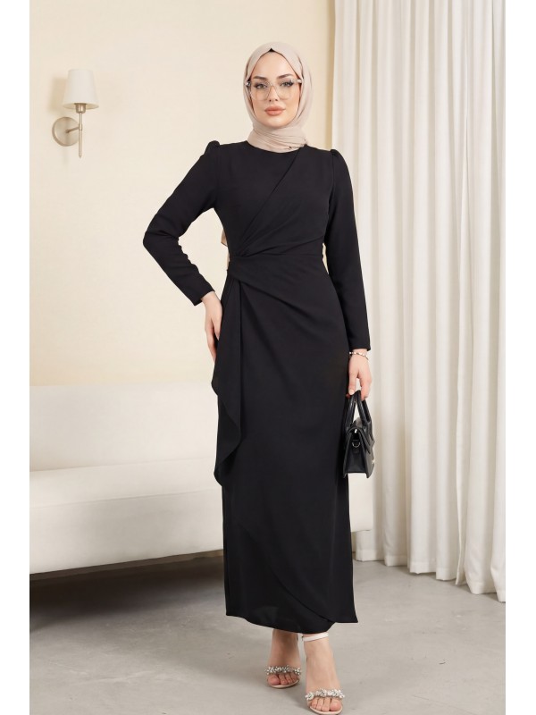 Önü Allerli Eteği Asimetrik Krep Elbise -Siyah