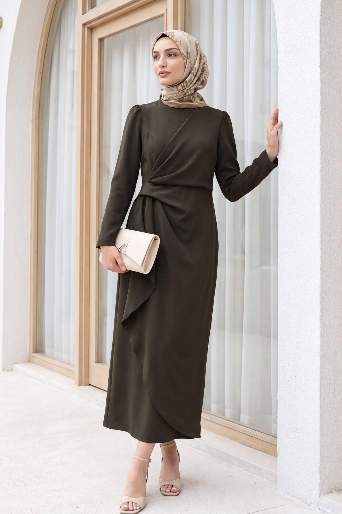 Asymmetrical Crepe Dress with Front Allery Skirt     -Dark Coffee