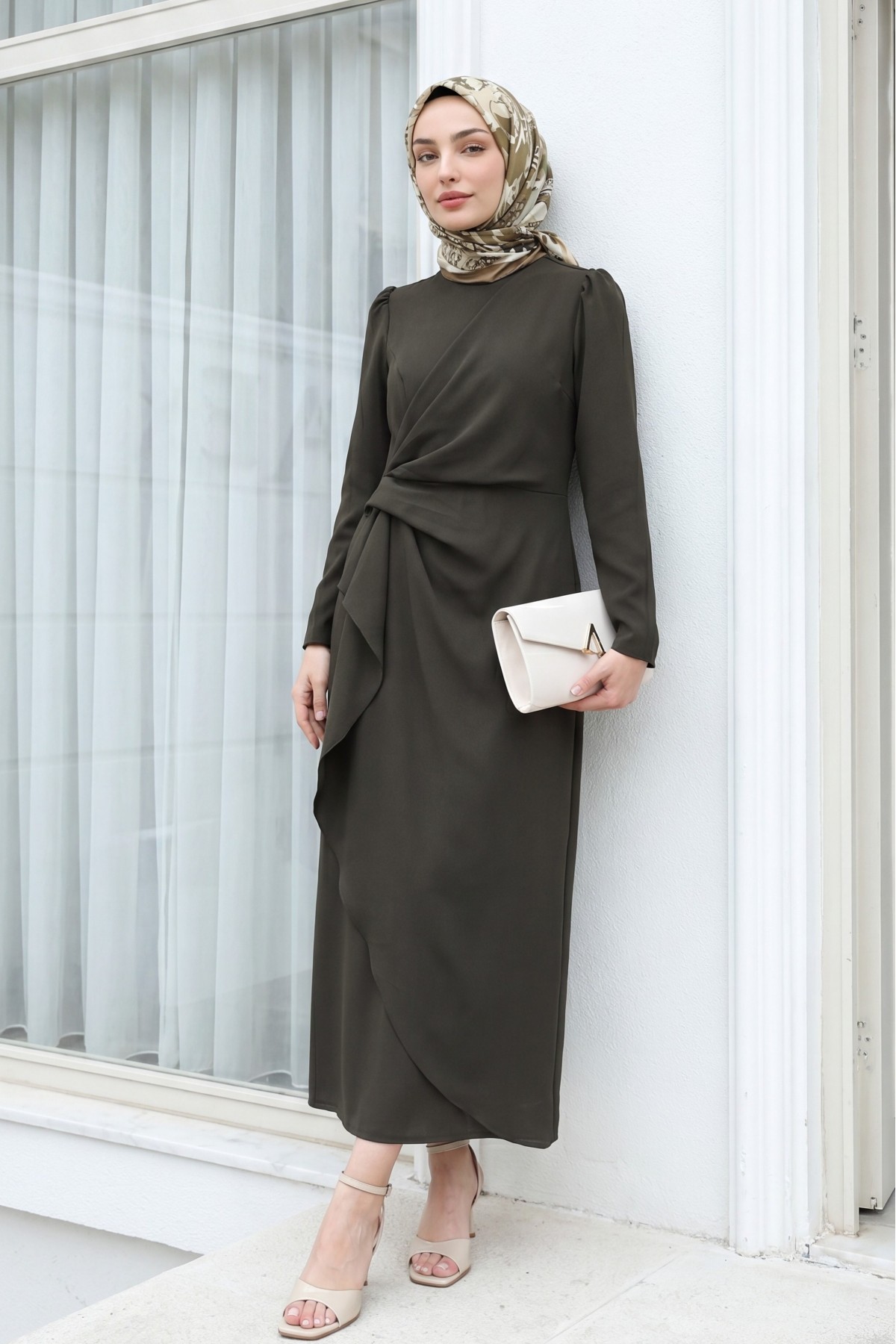 Asymmetrical Crepe Dress with Front Allery Skirt     -Dark Coffee
