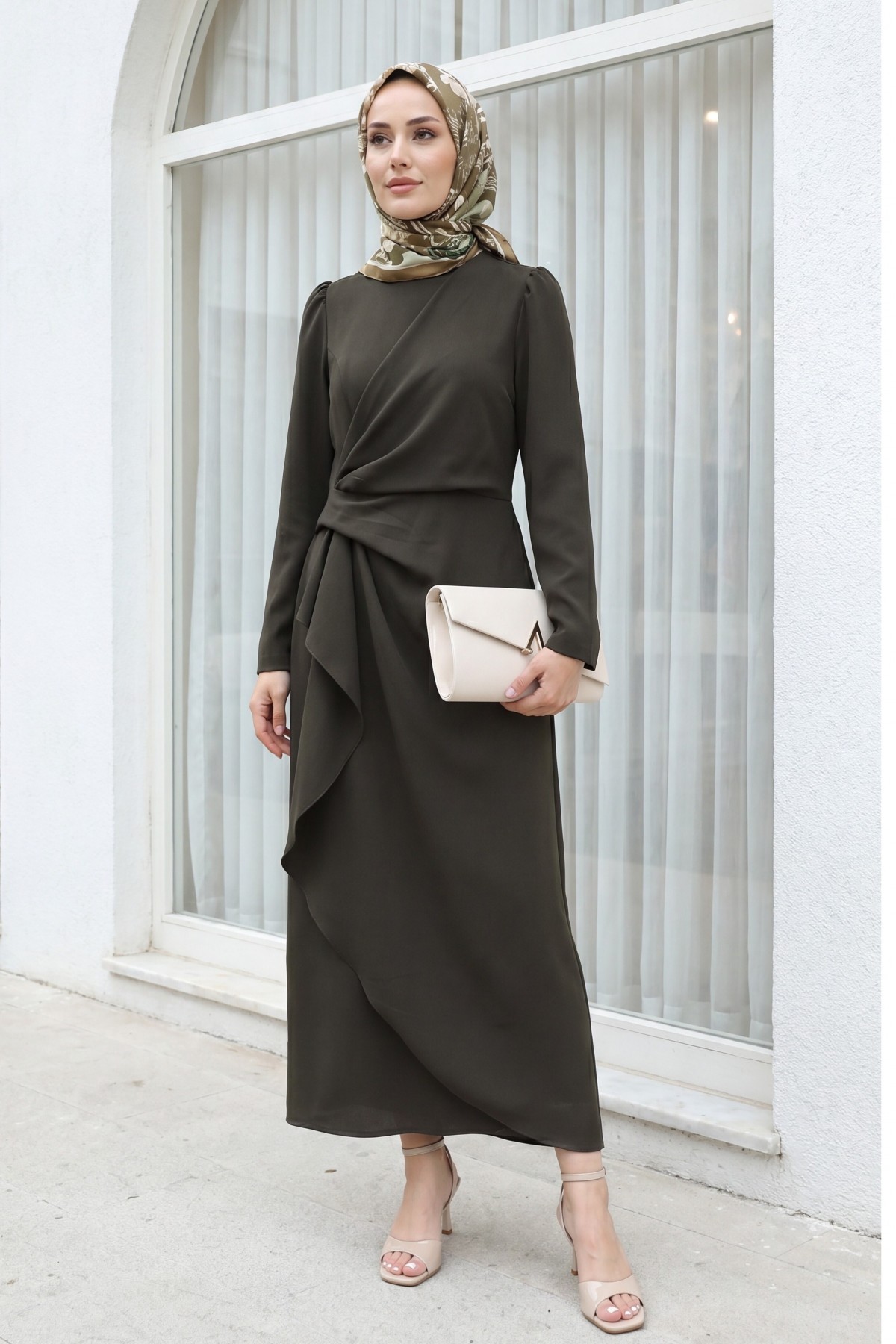 Asymmetrical Crepe Dress with Front Allery Skirt     -Dark Coffee