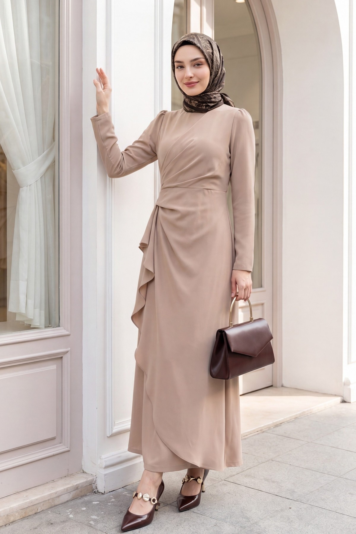 Asymmetrical Crepe Dress with Front Allery Skirt  - Beige