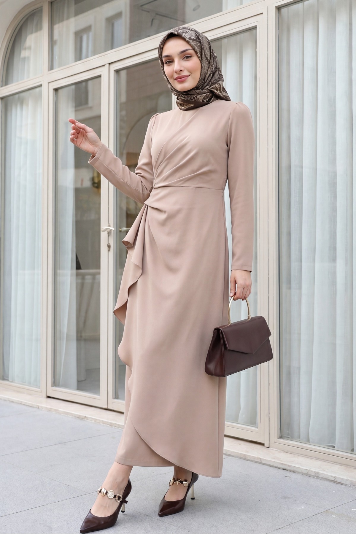 Asymmetrical Crepe Dress with Front Allery Skirt  - Beige
