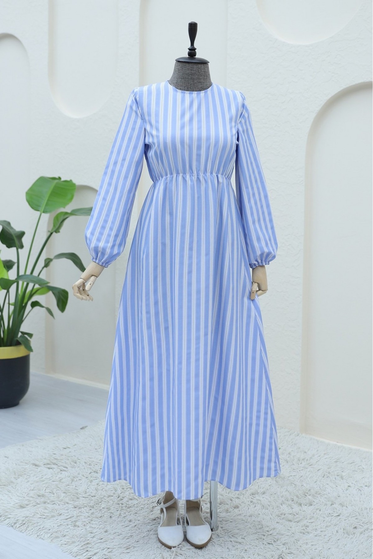 Gömlek Yaka Bolero Detaylı Çizgili Uzun Elbise -Bebe Mavi