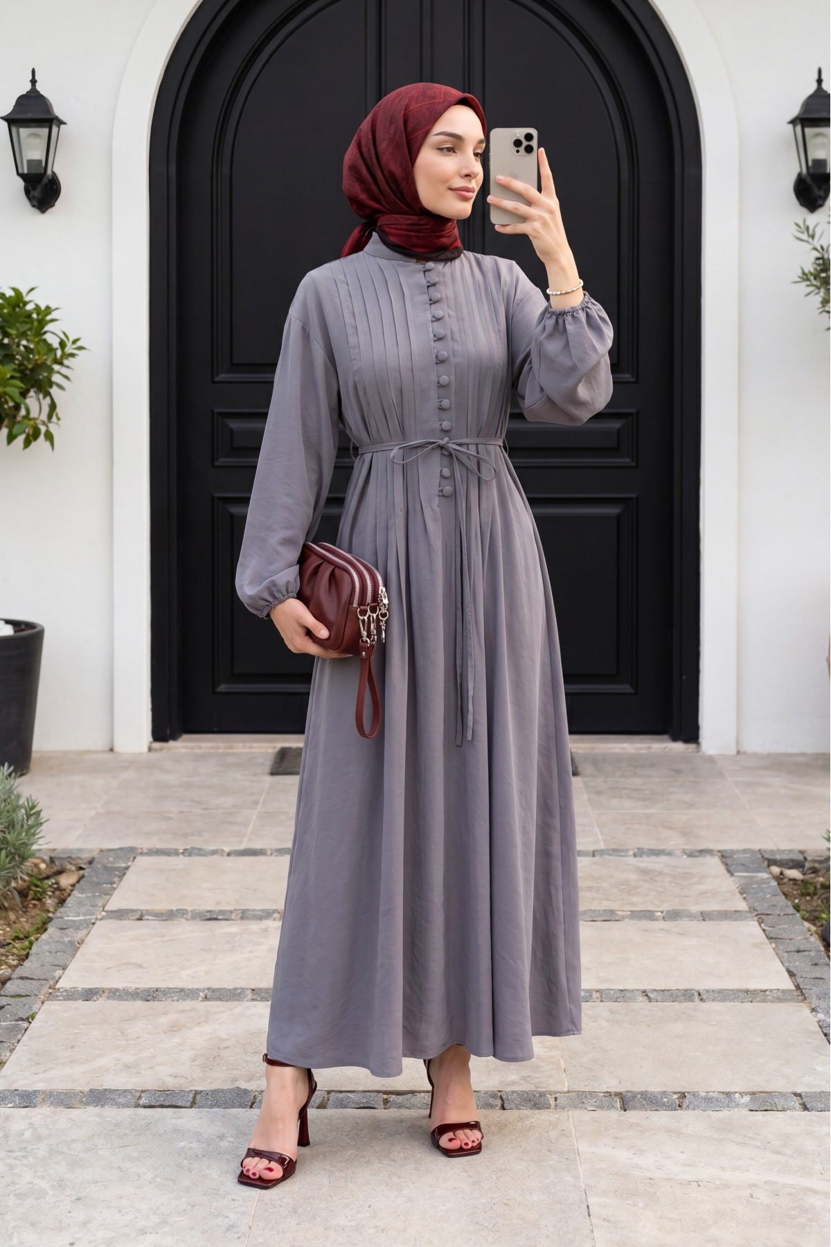 Half-Button Modal Dress with Ribbed Front and Belt -Grey