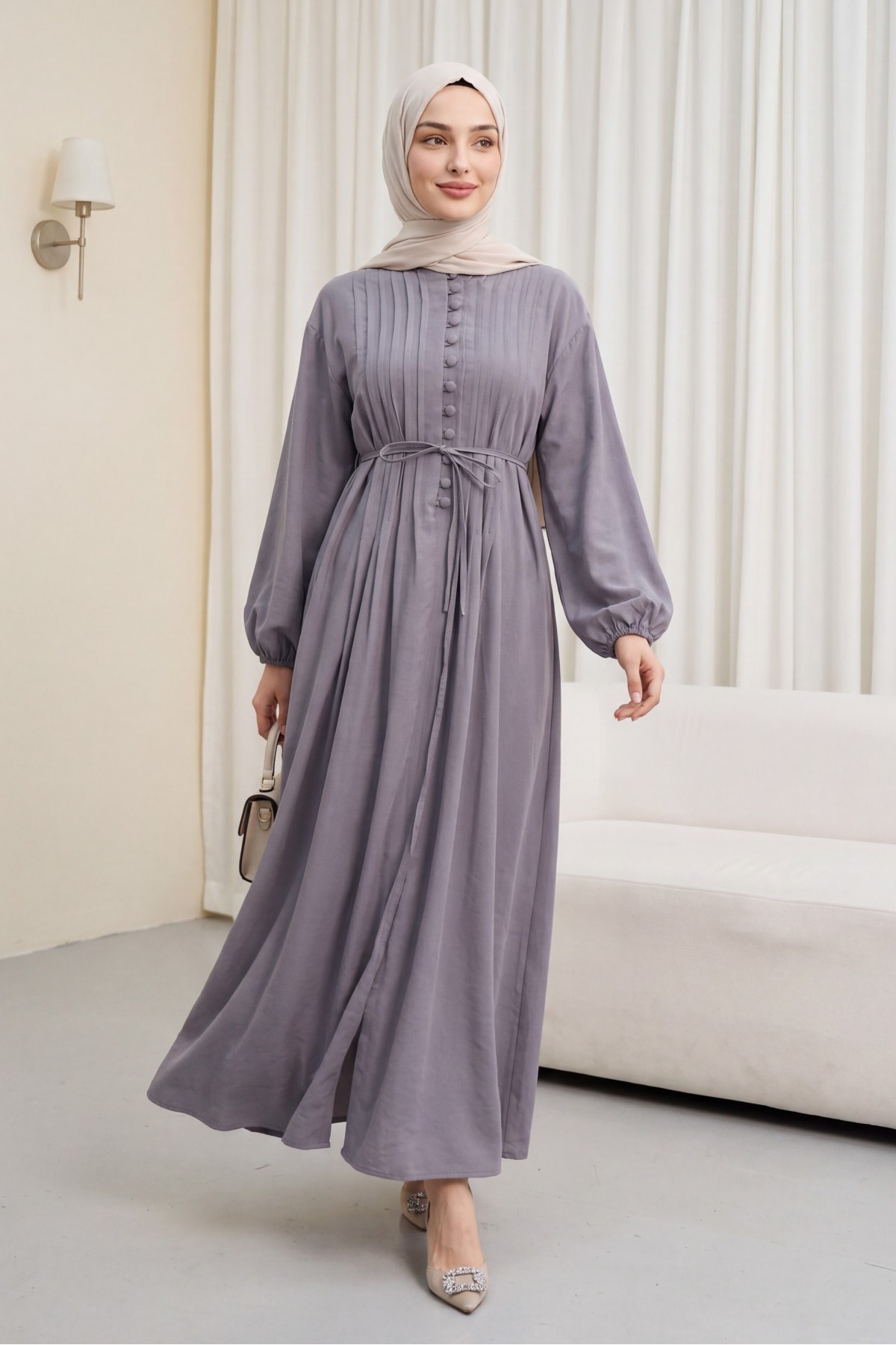 Half-Button Modal Dress with Ribbed Front and Belt -Grey