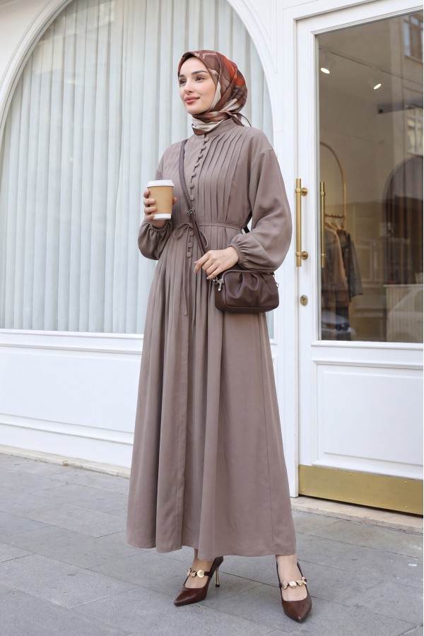 Half-Button Modal Dress with Ribbed Front and Belt -Mink color