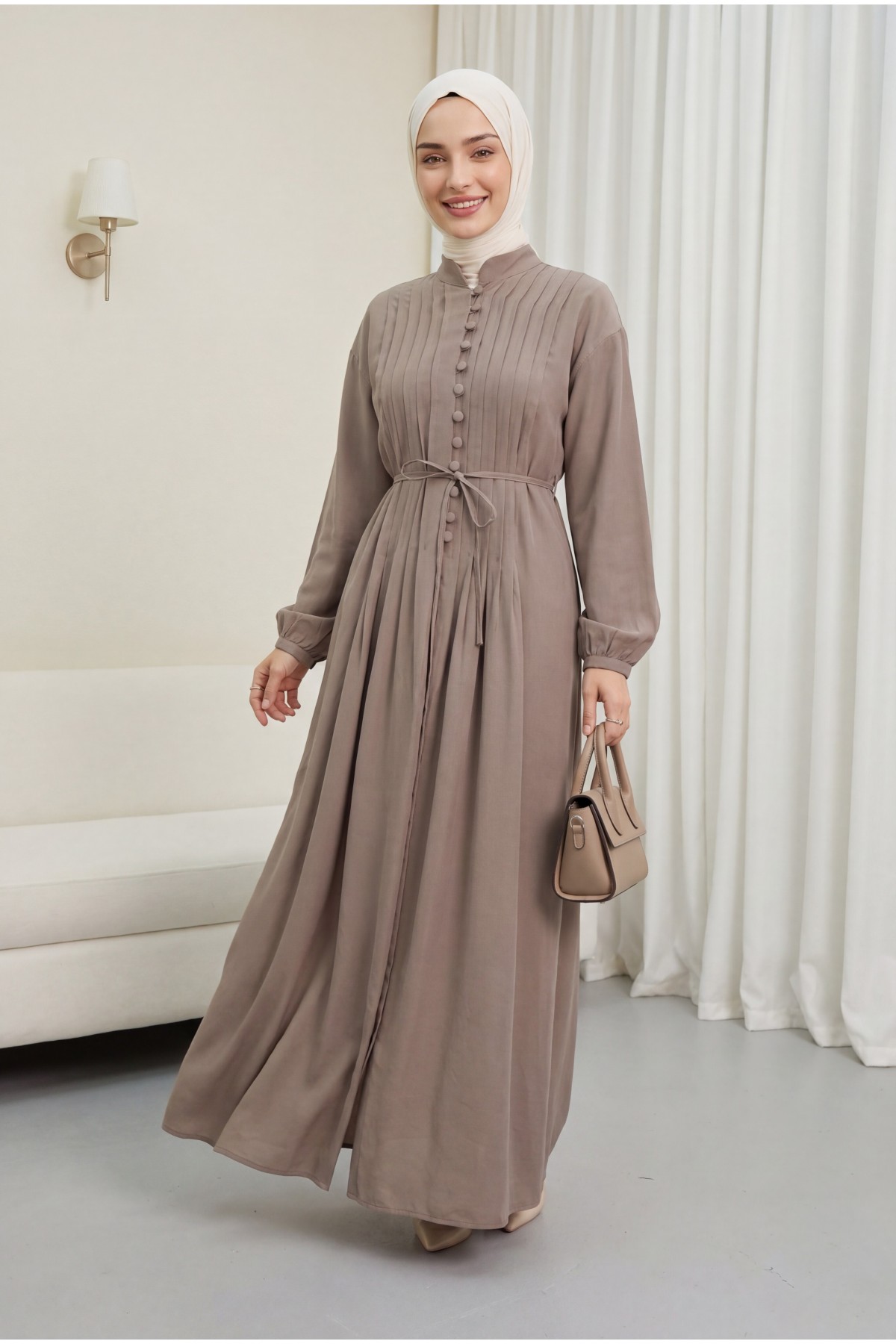 فستان مودال بنصف أزرار مع صدر مضلع وحزام -تدرجات البيج
