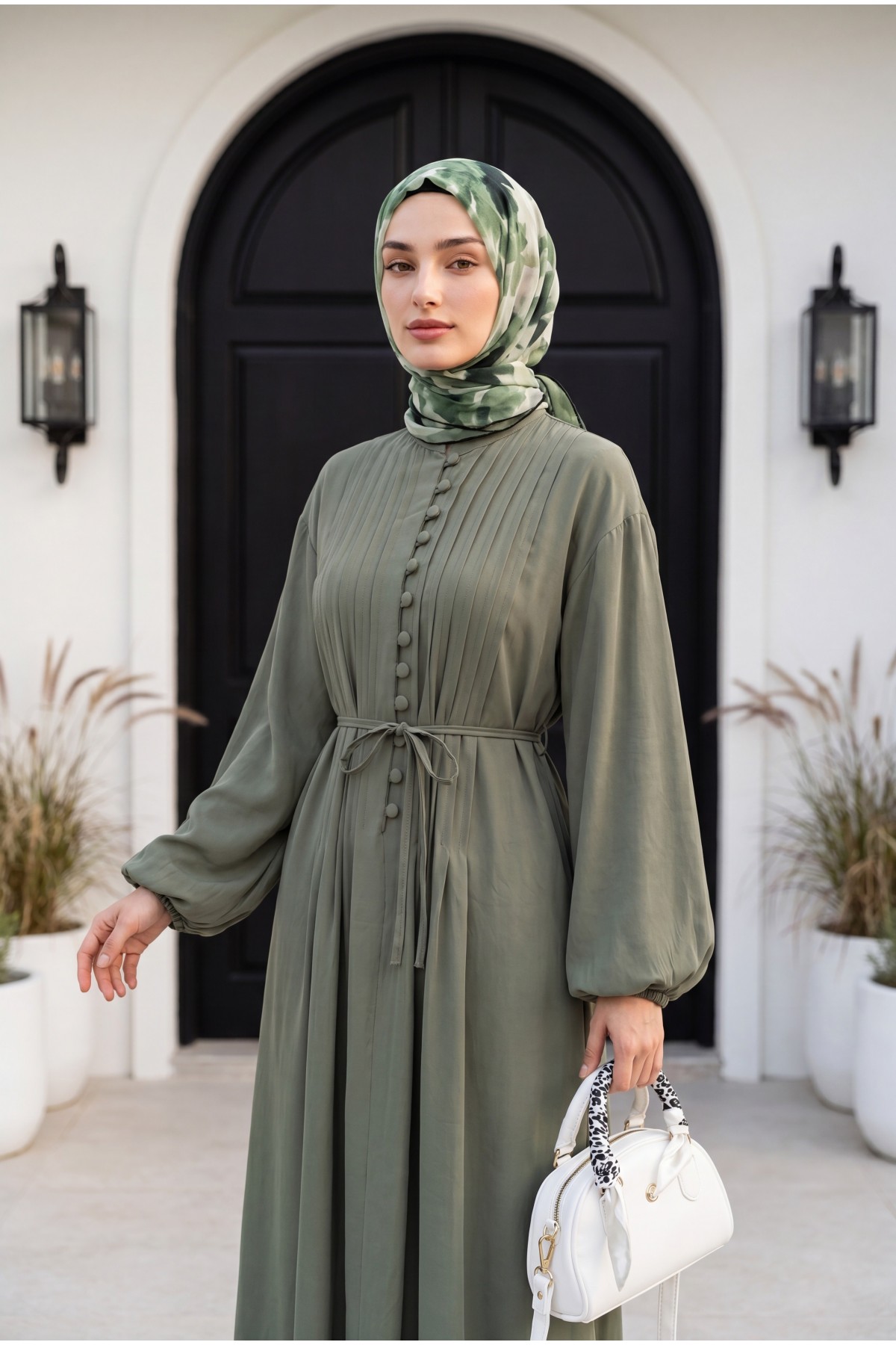Half-Button Modal Dress with Ribbed Front and Belt -Cagla Green