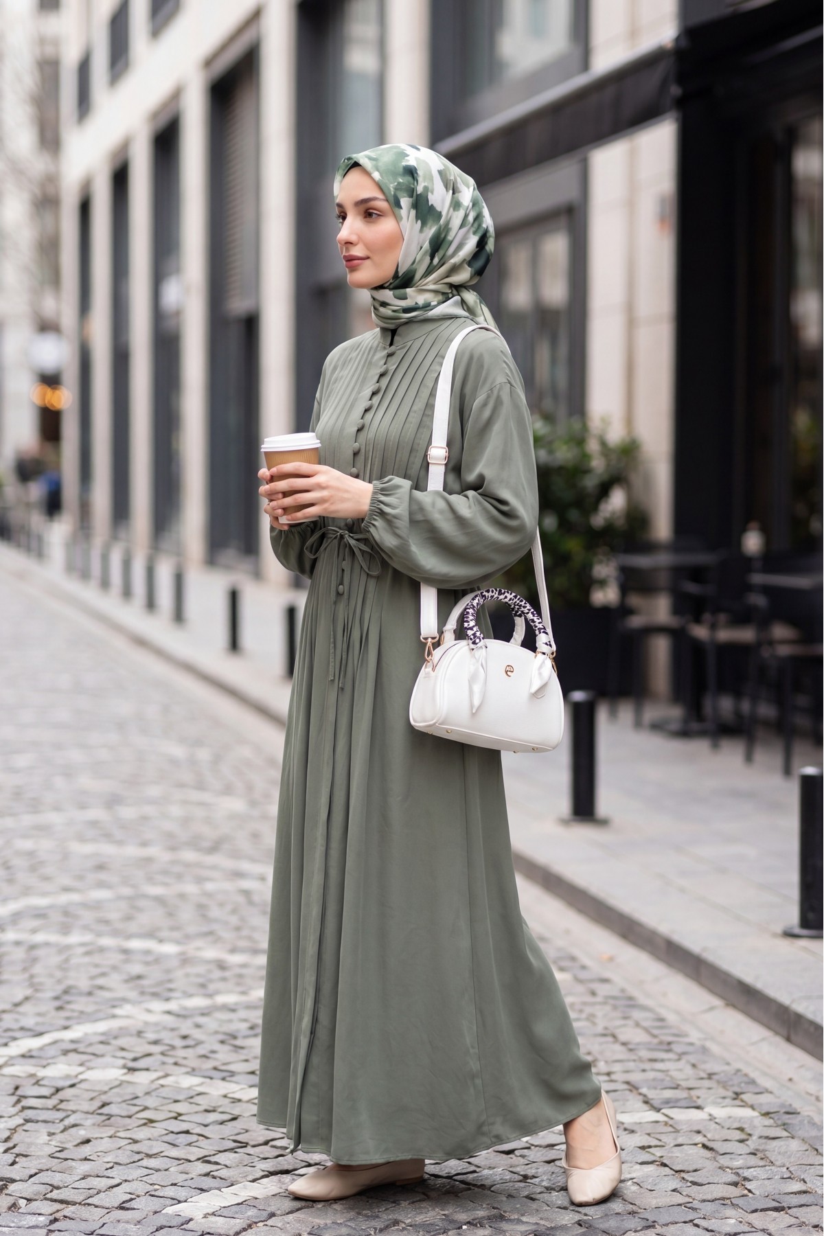 Half-Button Modal Dress with Ribbed Front and Belt -Cagla Green