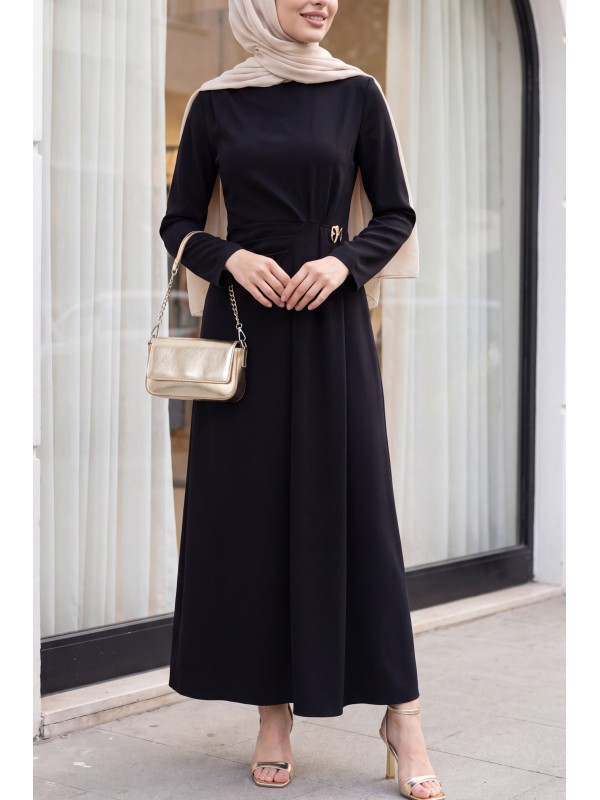 Double Crepe Dress with Pleated Shoulder and Front Details and Brooch -Black