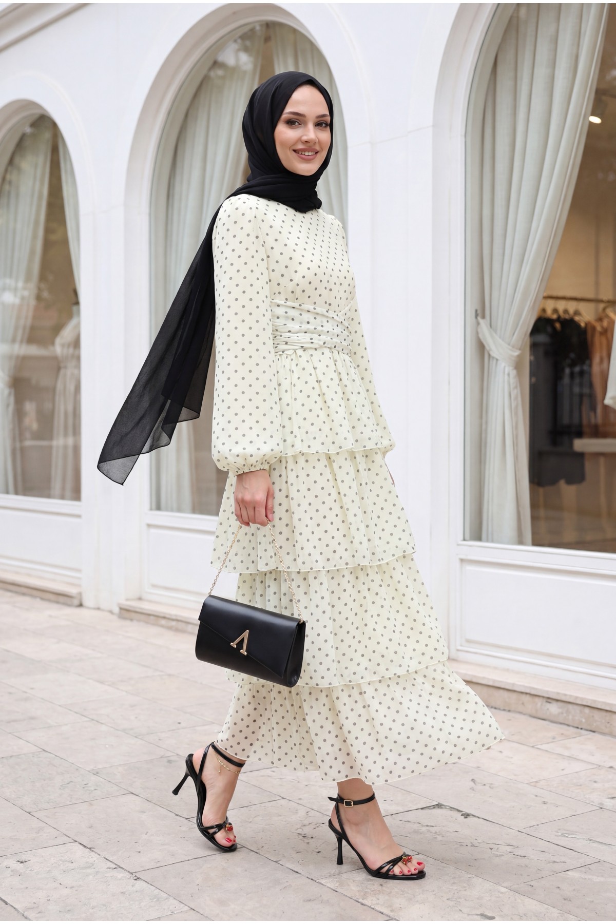 cream colored chiffon dresses Layered Polka Dot Chiffon Dress with Cross-Tie Skirt