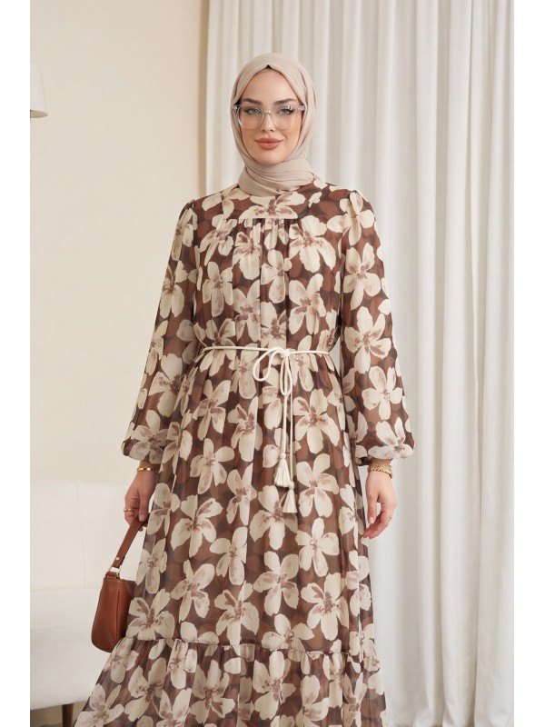 Gathered Waist, Belted, Lined Chiffon Dress -Brown