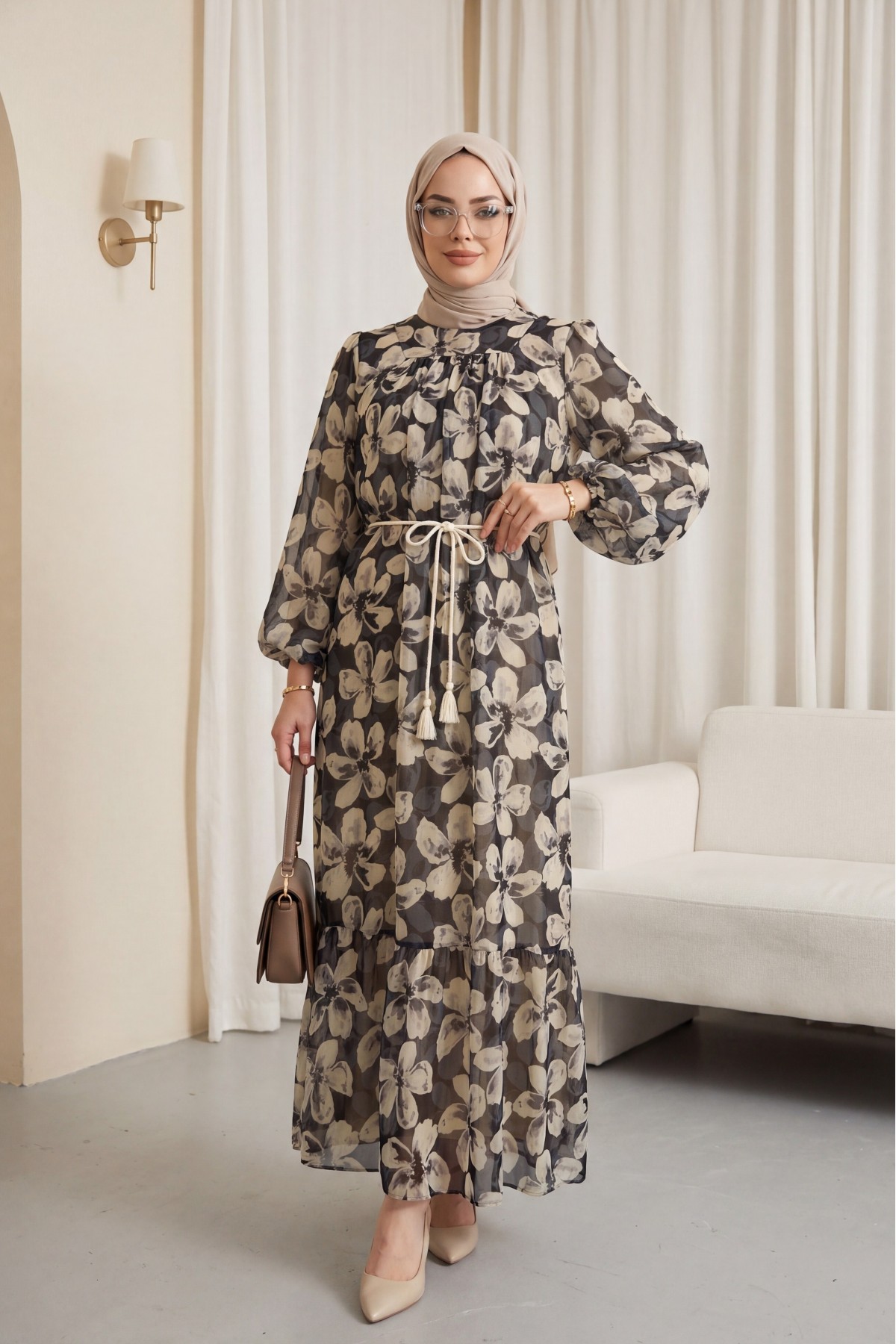 Robadan Büzgülü Kemerli Astarlı Şifon Elbise -Antrasit