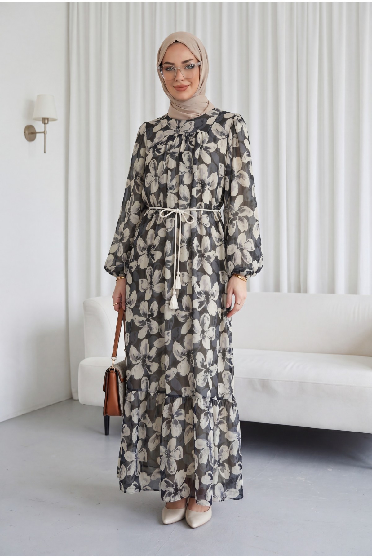 Robadan Büzgülü Kemerli Astarlı Şifon Elbise -Antrasit