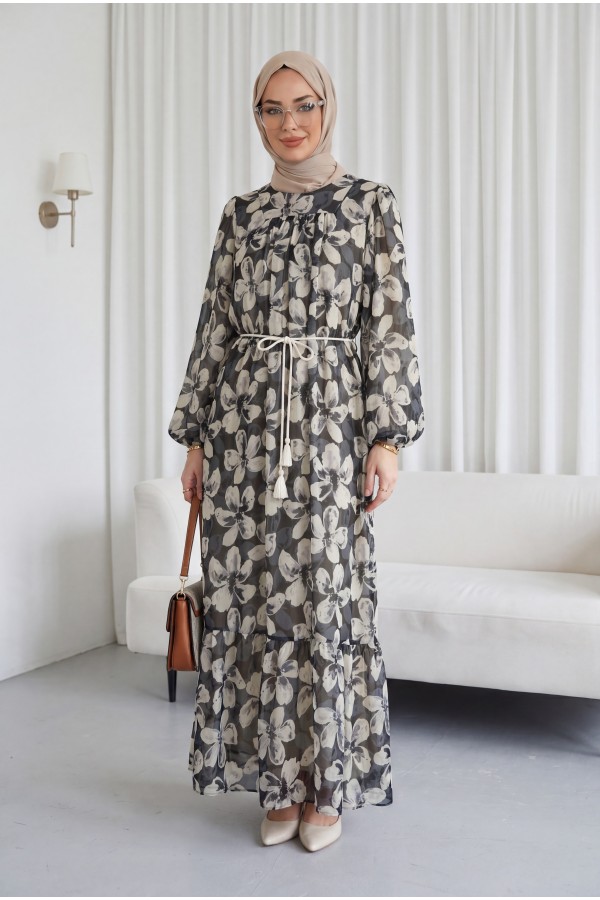 فستان شيفون مبطن بخصر مكشكش وحزام -أنثراسايت