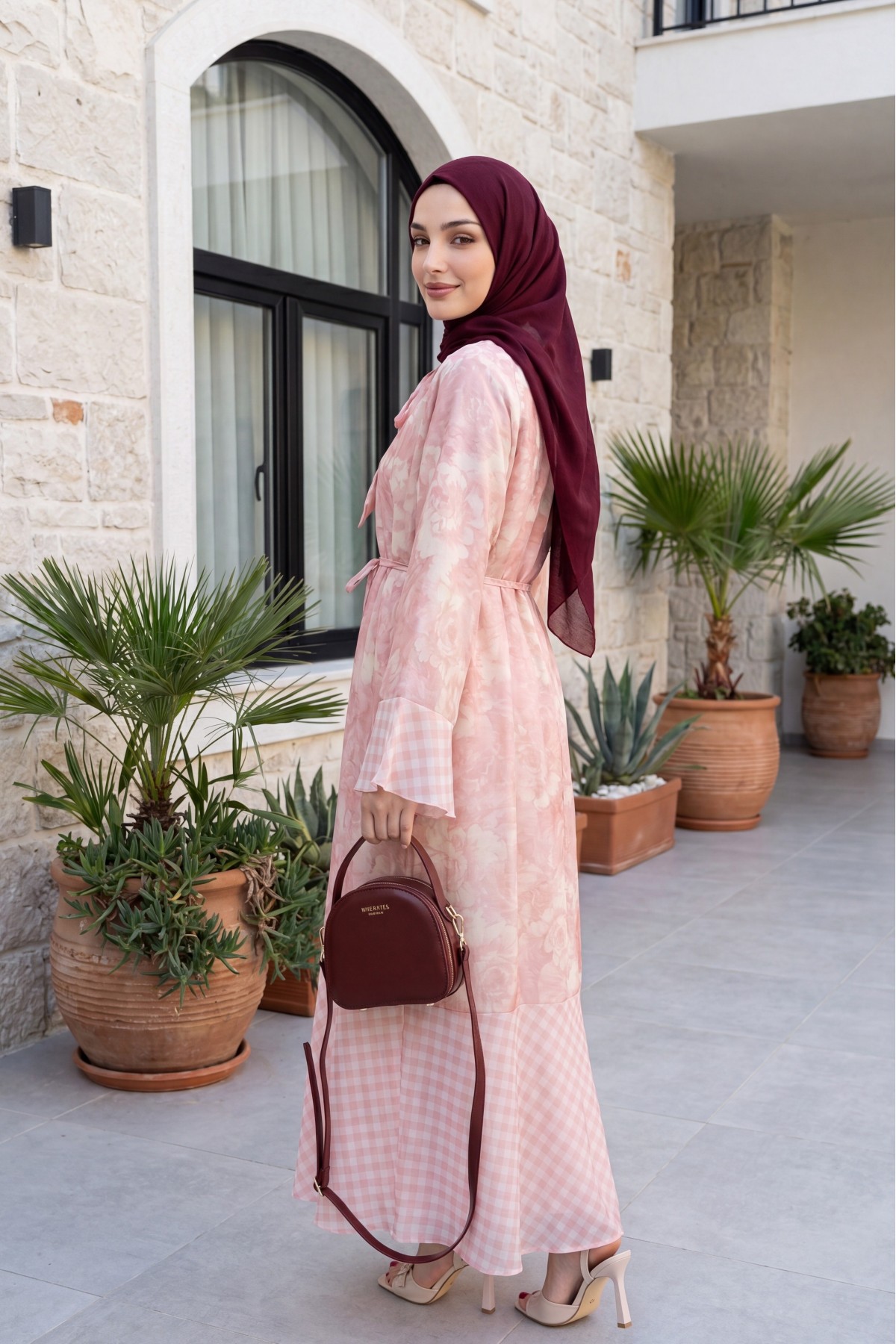 Yakası ve beli bağlamalı desenli astarlı şifon elbise -Somon