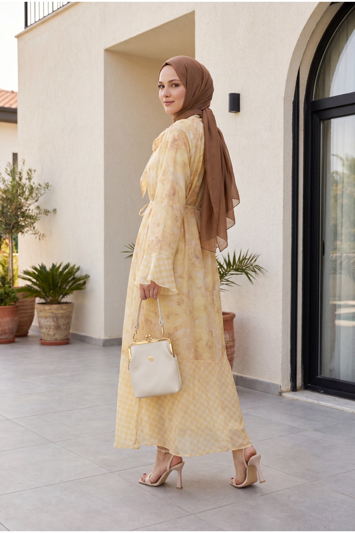 Patterned lined chiffon dress with tie-neck and waist -Yellow