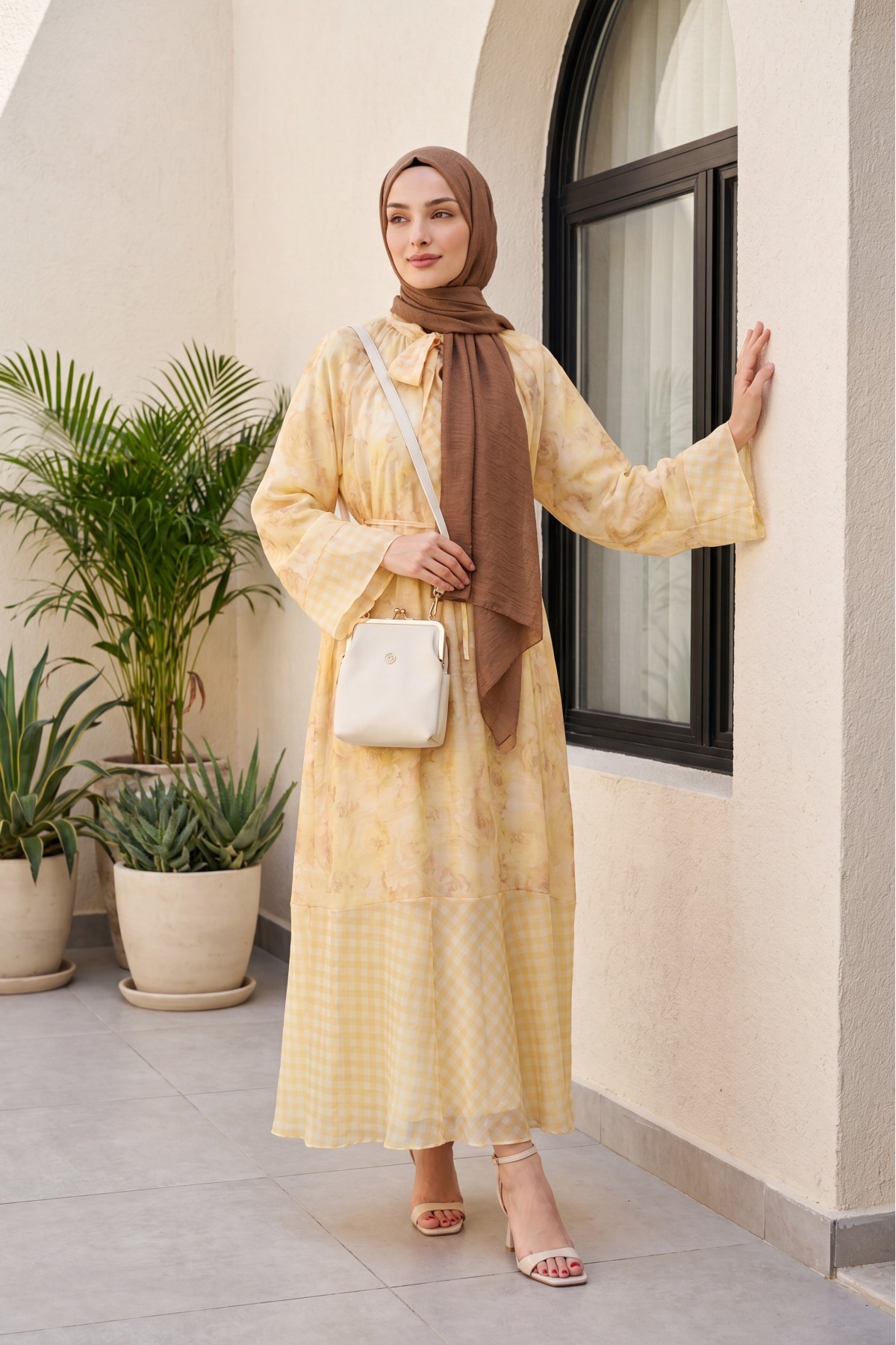 Patterned lined chiffon dress with tie-neck and waist -Yellow