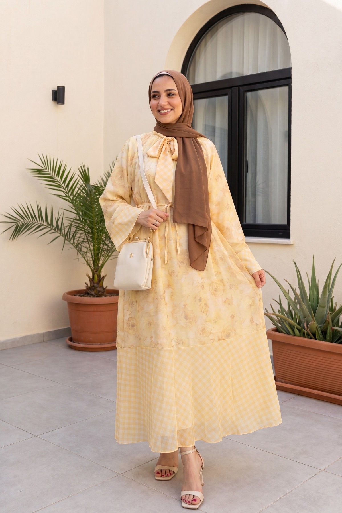 Patterned lined chiffon dress with tie-neck and waist -Yellow